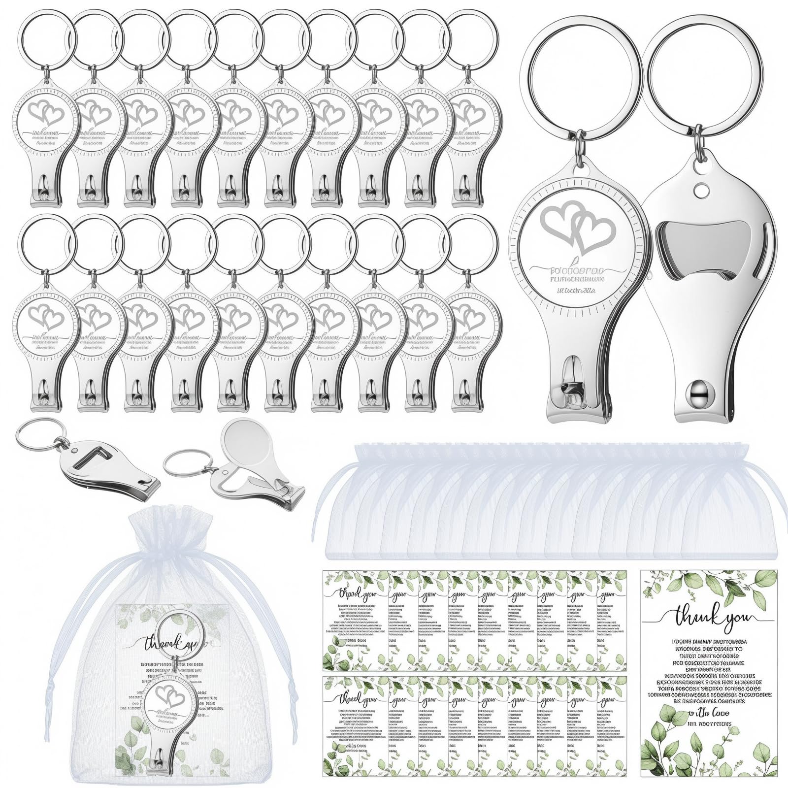 ZILAMGOO 50 Sets Heart Shaped Multi-Functional Bottle Opener Nail Clippers with Thank You Cards, Guest's Favorite Wedding Items, Suitable for Wedding