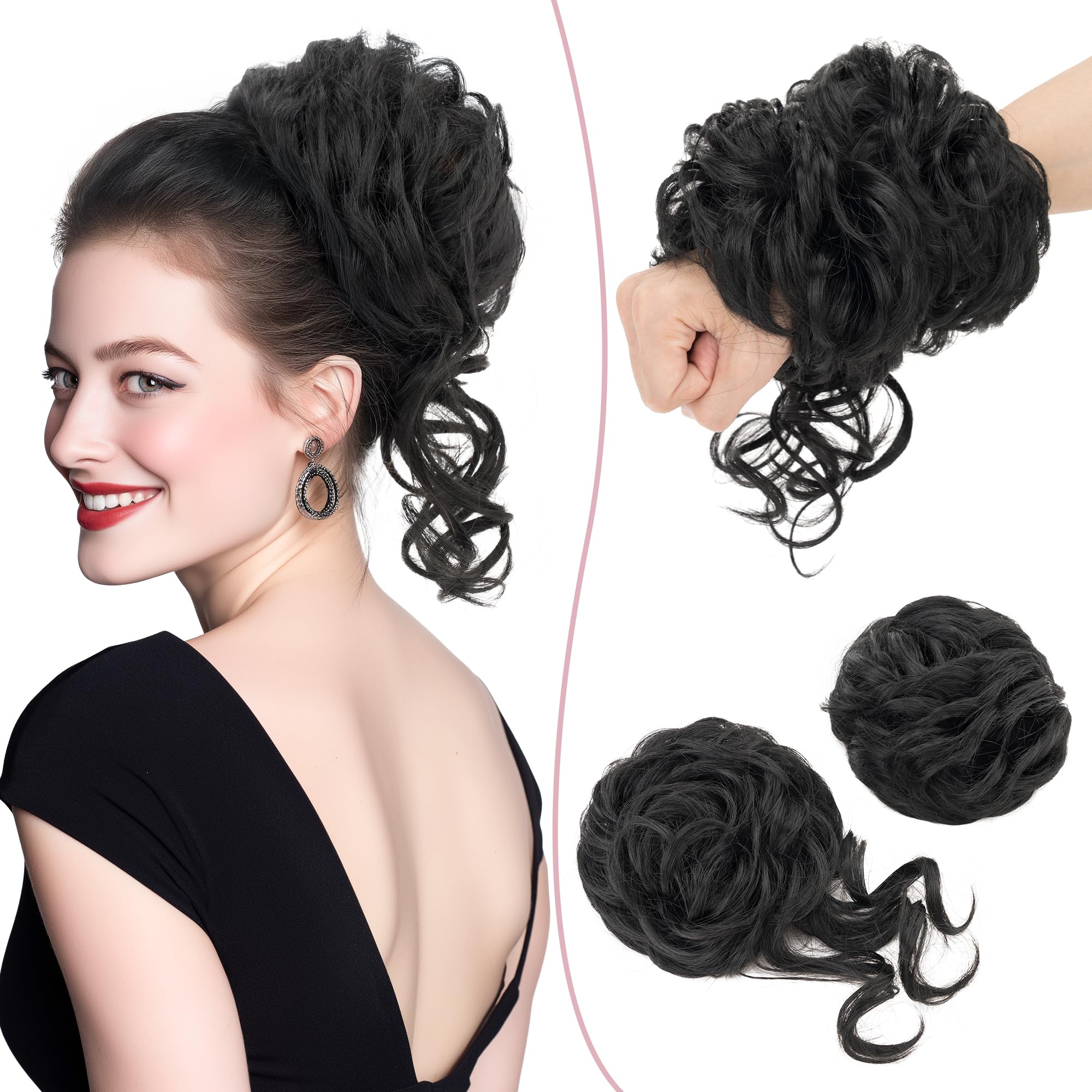 SEGO 2PCS Messy Bun Fluffy Tousled Updo Scrunchies 75g Synthetic Hair Bun Hair Piece Set for Women Easy Bun Hairpiece Dark Black