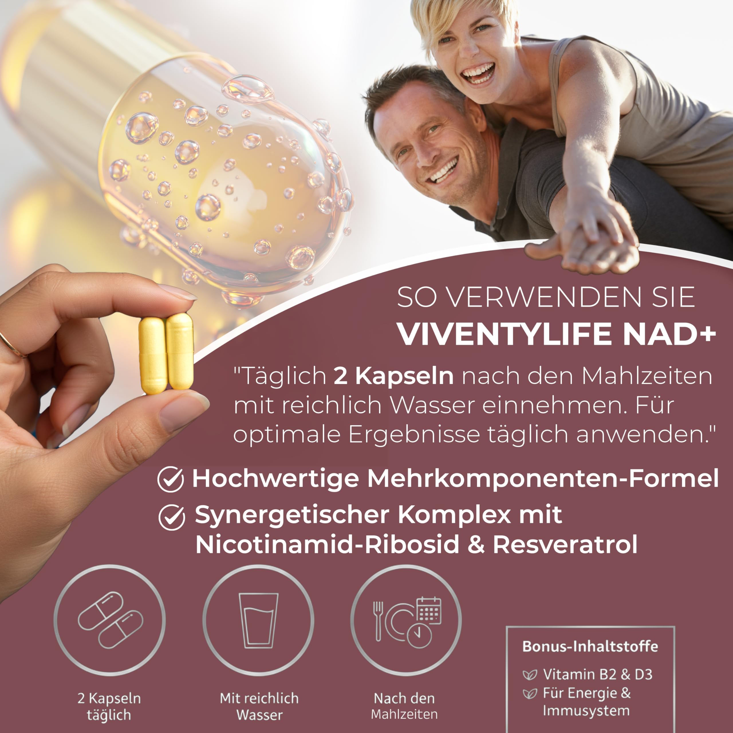 Liposomal NAD+ Komplex Nicotinamid-Ribosid mit Resveratrol, Quercetin, Coenzym Q10, TMG, Piperin und Vitamin D3 & B2-120 Vegan Kapseln