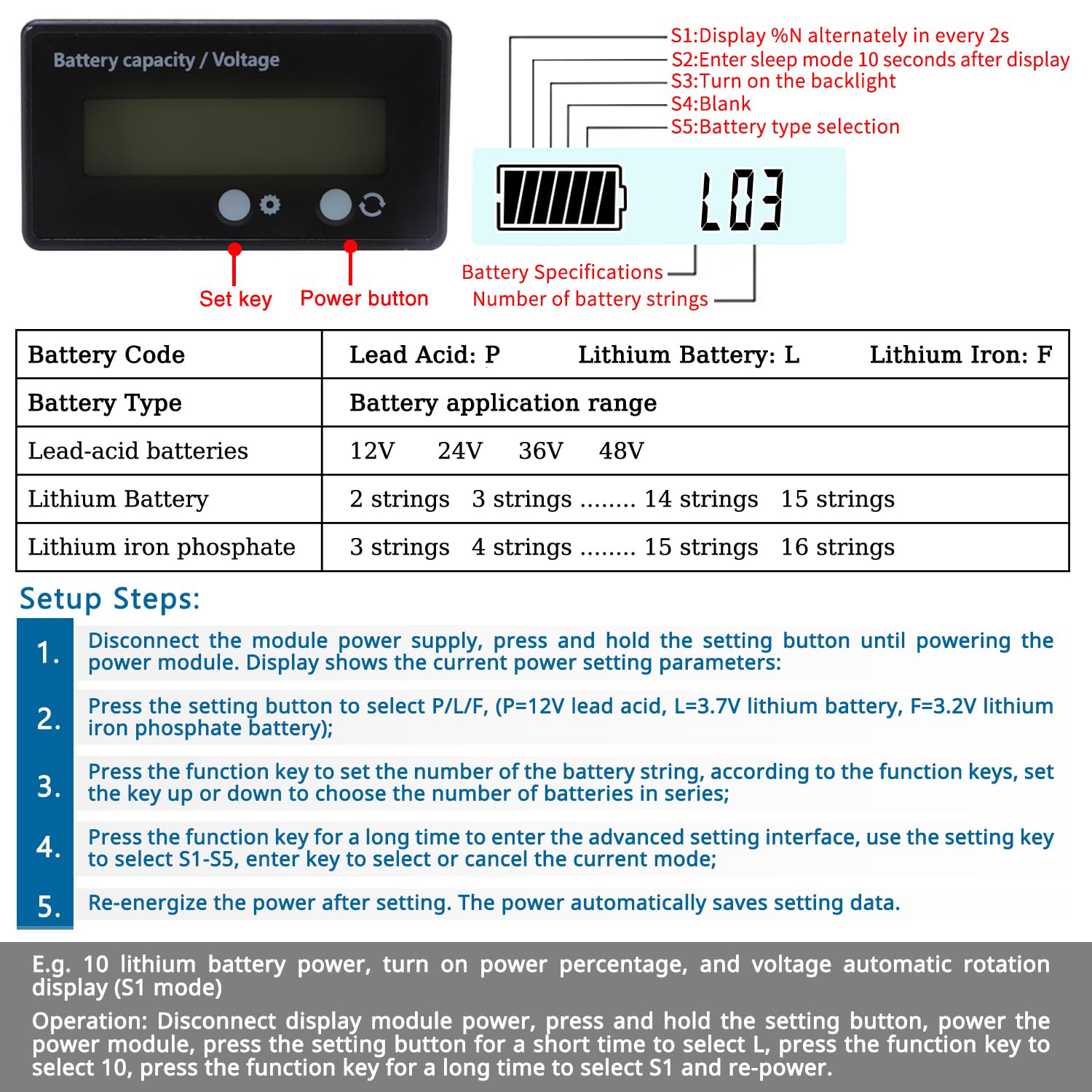 VooGenzek Compteur de Batterie CC, Moniteur de Voltmètre Capacité, Indicateur Batterie Plomb, Écran LCD DC 12V 24V 36V 48V