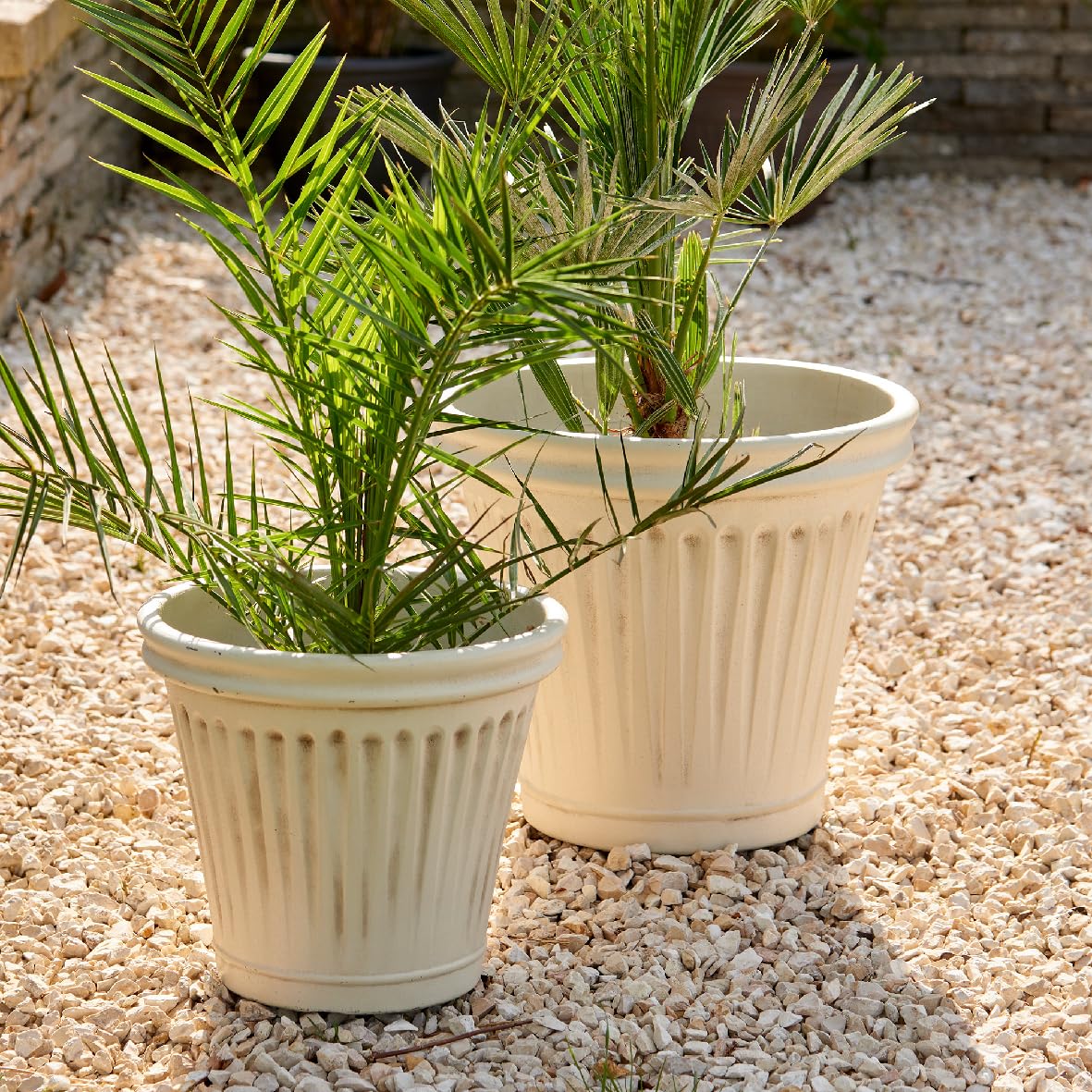 Vaso da fiori per piante, 31 – 39 cm, set da 2 pezzi, per esterni, in plastica riciclata, per esterni, colore bianco anticato