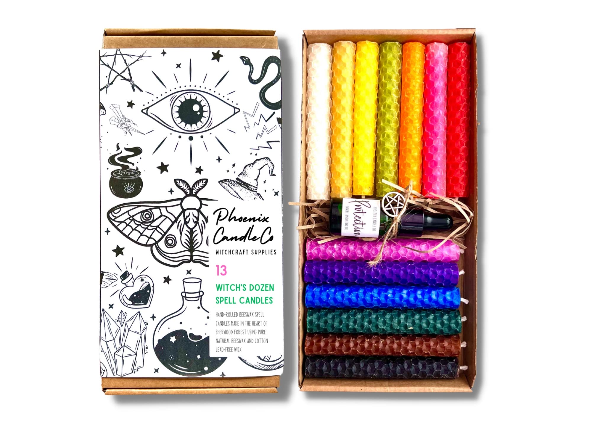 Witches Dozen| 13 Beeswax Spell Candles | Anointing Oil | Witch Starter Kit | Burn Time 80 Min | Witch Gift (Samhain)