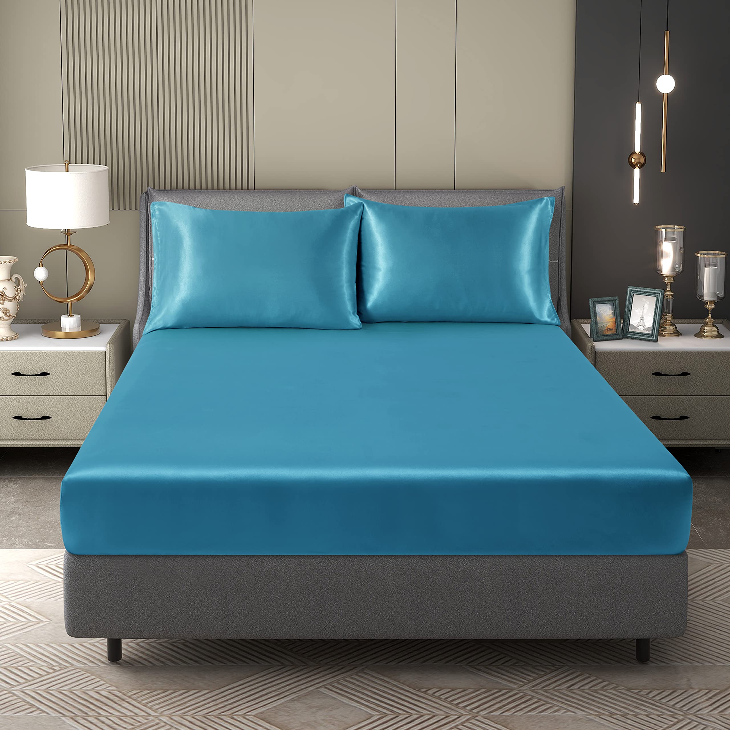 Counfeisly Queen Size Satin Fitted Sheet, Silky and Breathable Luxury Deep Pockets Fitted Sheet Only, Sage Green