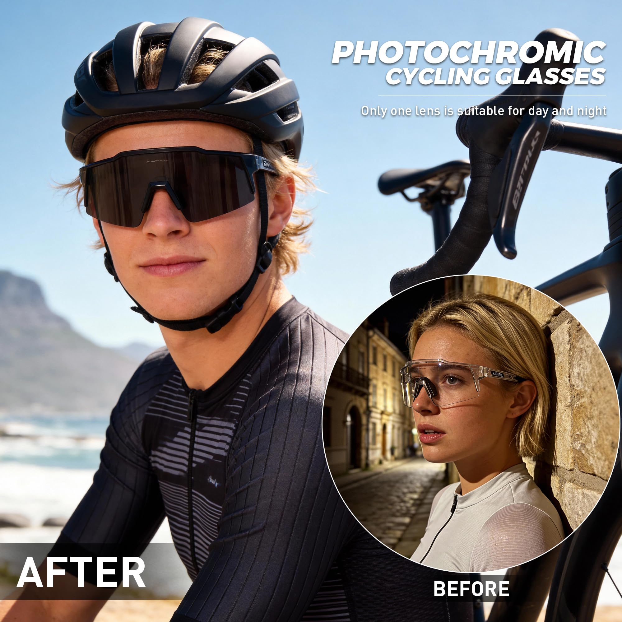 KAPVOE Fotochromatyczne okulary rowerowe z oprawką TR90, dla mężczyzn, kobiet, chłopców, dziewcząt, przezroczyste, sportowe okulary przeciwsłoneczne