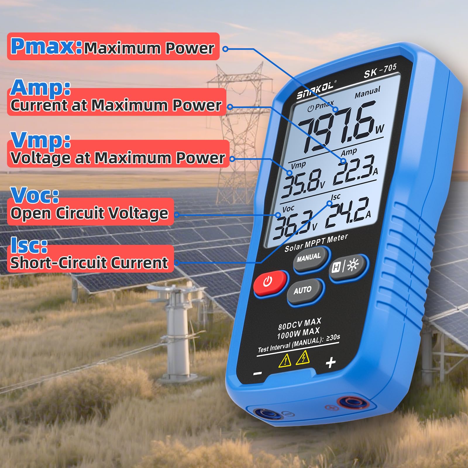 SK-705 Tester MPPT Solare per Moduli Fotovoltaici – 1000 W, Max 80 V DC, 35 A, Misurazione Automatica e Manuale, Voc Isc Vmp Pmax, Display LCD da 3,2", Tester FV Portatile