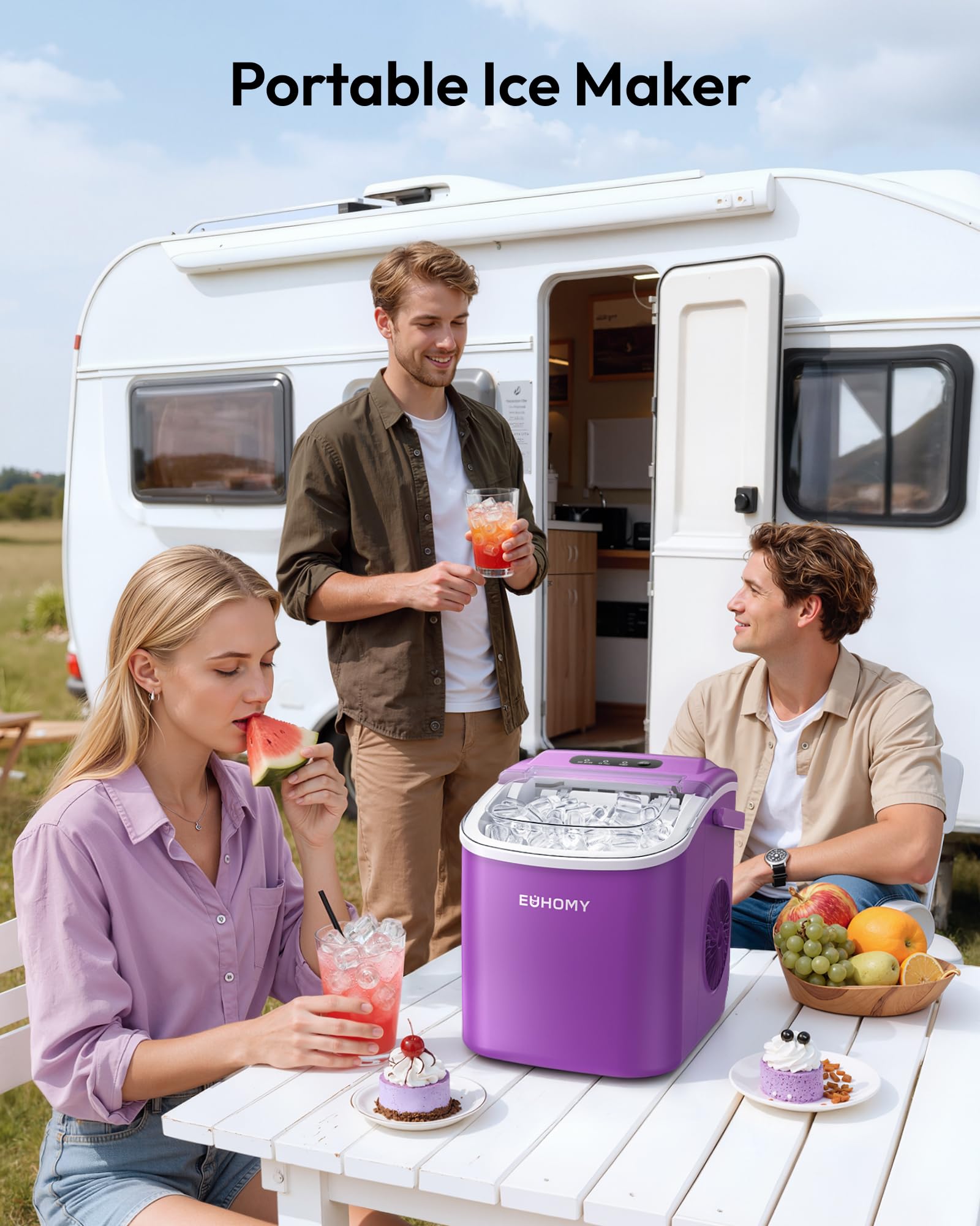 EUHOMY Countertop Ice Maker Machine with Handle, 26lbs Per Day, 9 Ice Cubes Ready in 6 Mins, Auto-Cleaning Portable Ice Maker with Basket and Scoop, for Home/Kitchen/Camping/RV (Purple) view 9