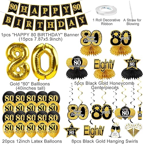 Miniatura 2 de Kit de 36 decoraciones de cumpleaños número 80 para hombres y mujeres, globos de feliz cumpleaños de 80 años, globos de panal de abeja, suministros
