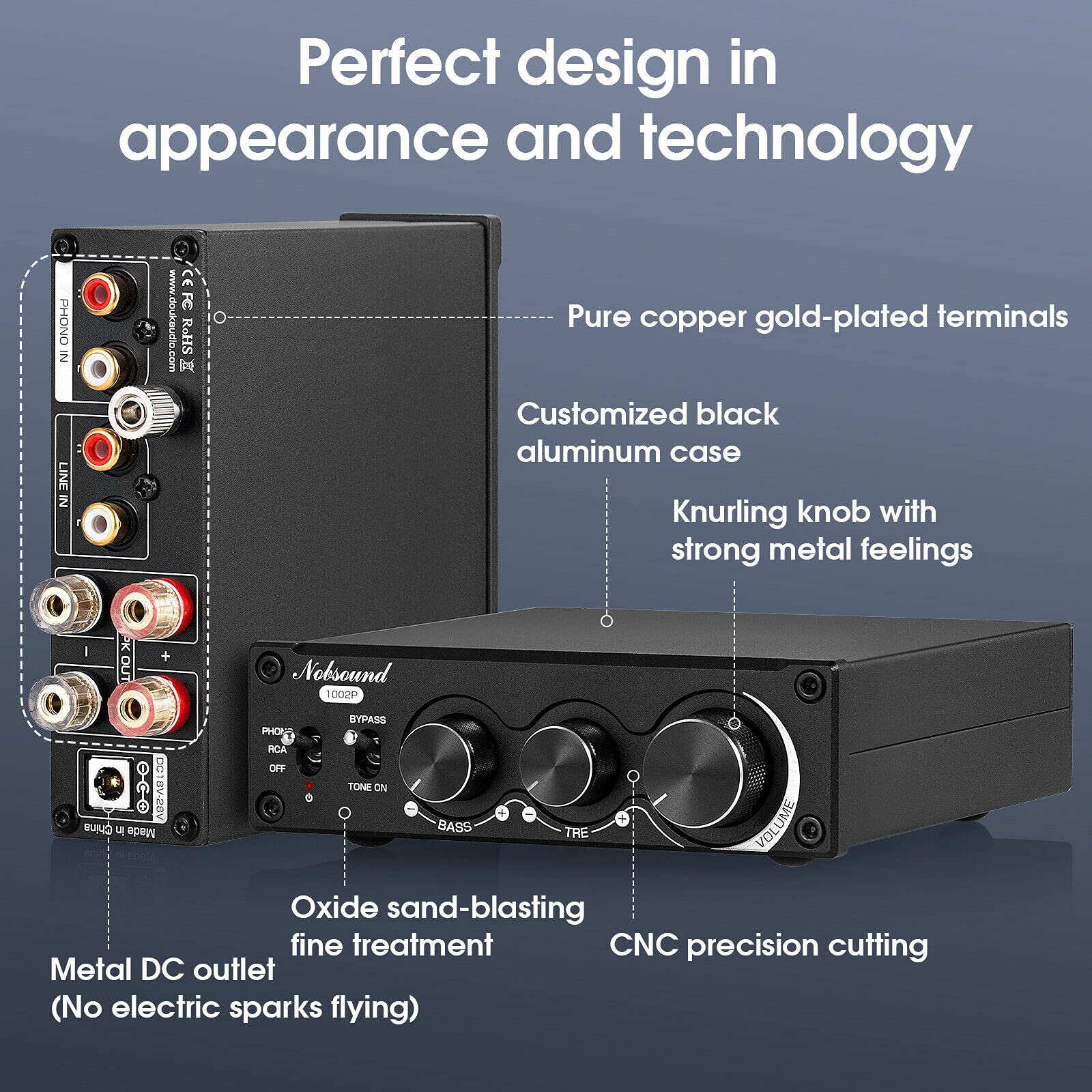 Nobsound 1002P Mini HiFi Stereo Verstärker mit TPA3221 Chip, 2 Kanäle Digitalverstärker, 200W Class D Leistungsverstärker für Desktop Audio, MM Phono Verstärker für Plattenspieler