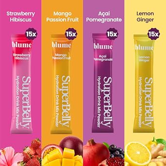 Blume SuperBelly Gut Health + Hydration, Daily Sugar Free Probiotics, Prebiotic Fiber, and Electrolytes Powder Packets for Digestion Support, Variety Pack - Strawberry, Acai, Mango, Lemon, 60 Sticks