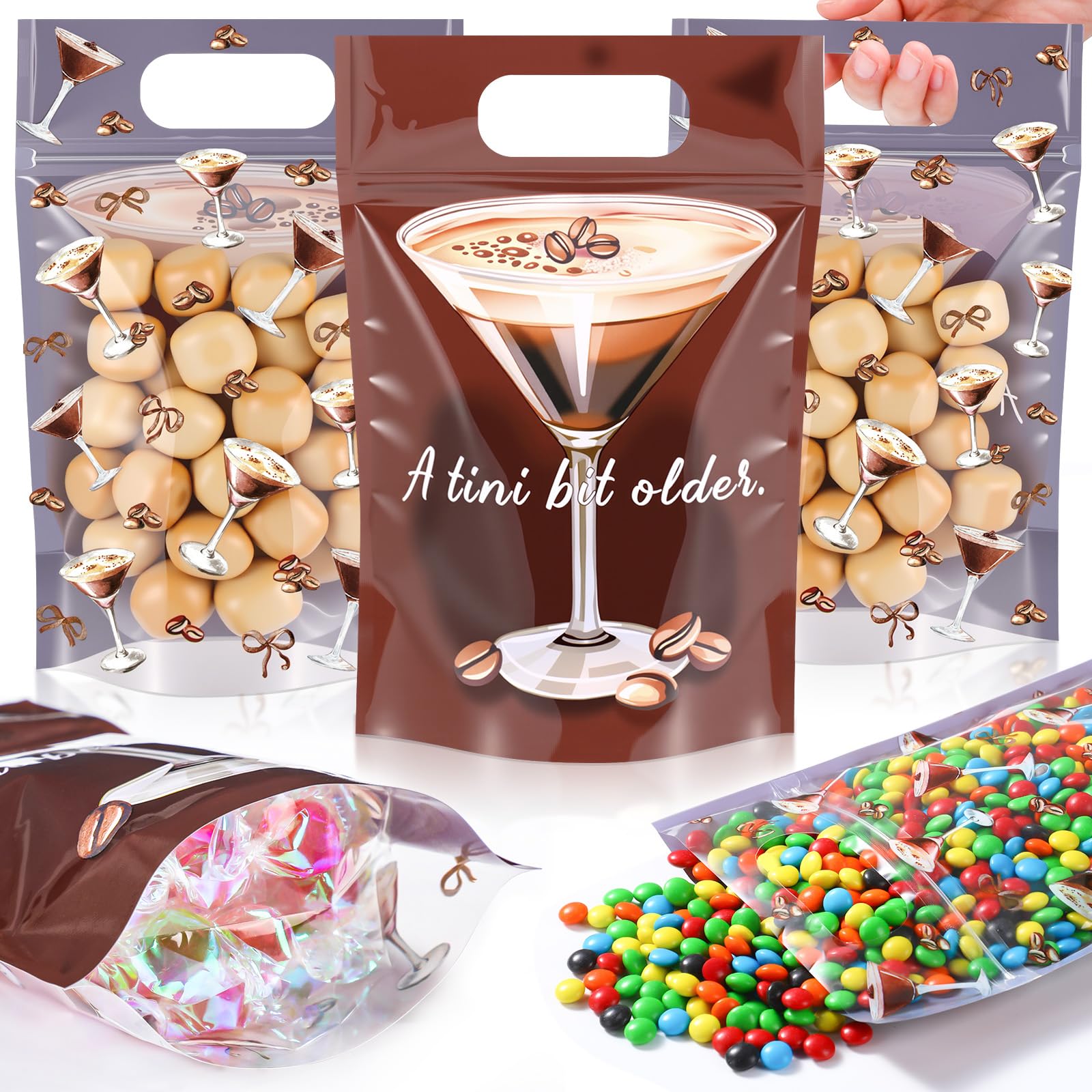 Fuutreo 50 Pcs a Tini Bit Older Gift Bags Martini Clear Espresso Birthday Plastic Bag Resealable Sealing Pouches for Coffee Bar Wedding Bachelorette