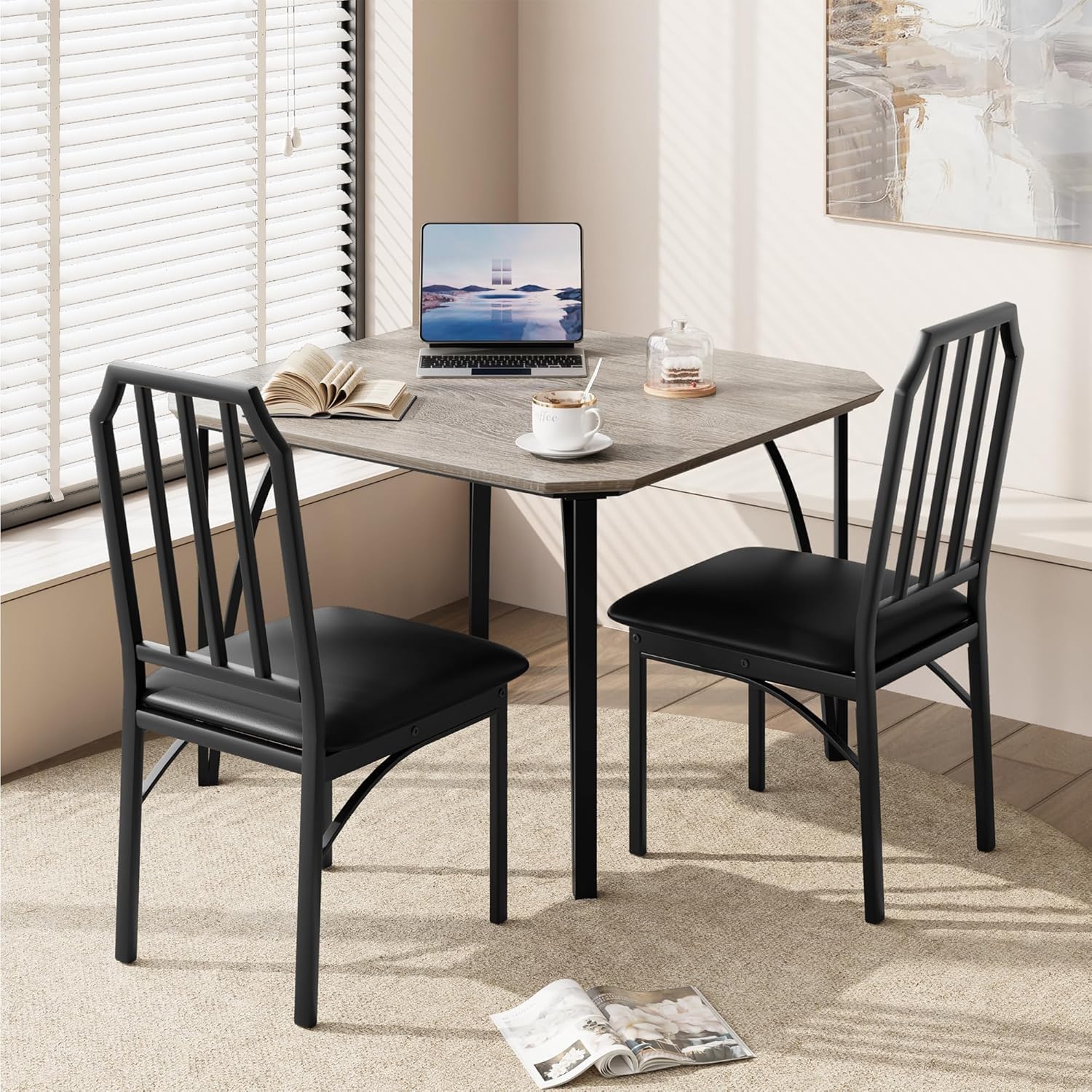 Ensemble Table à Manger 3 Pièces avec 2 Chaises Rembourrées, Métal et Bois, pour Petits Espaces
