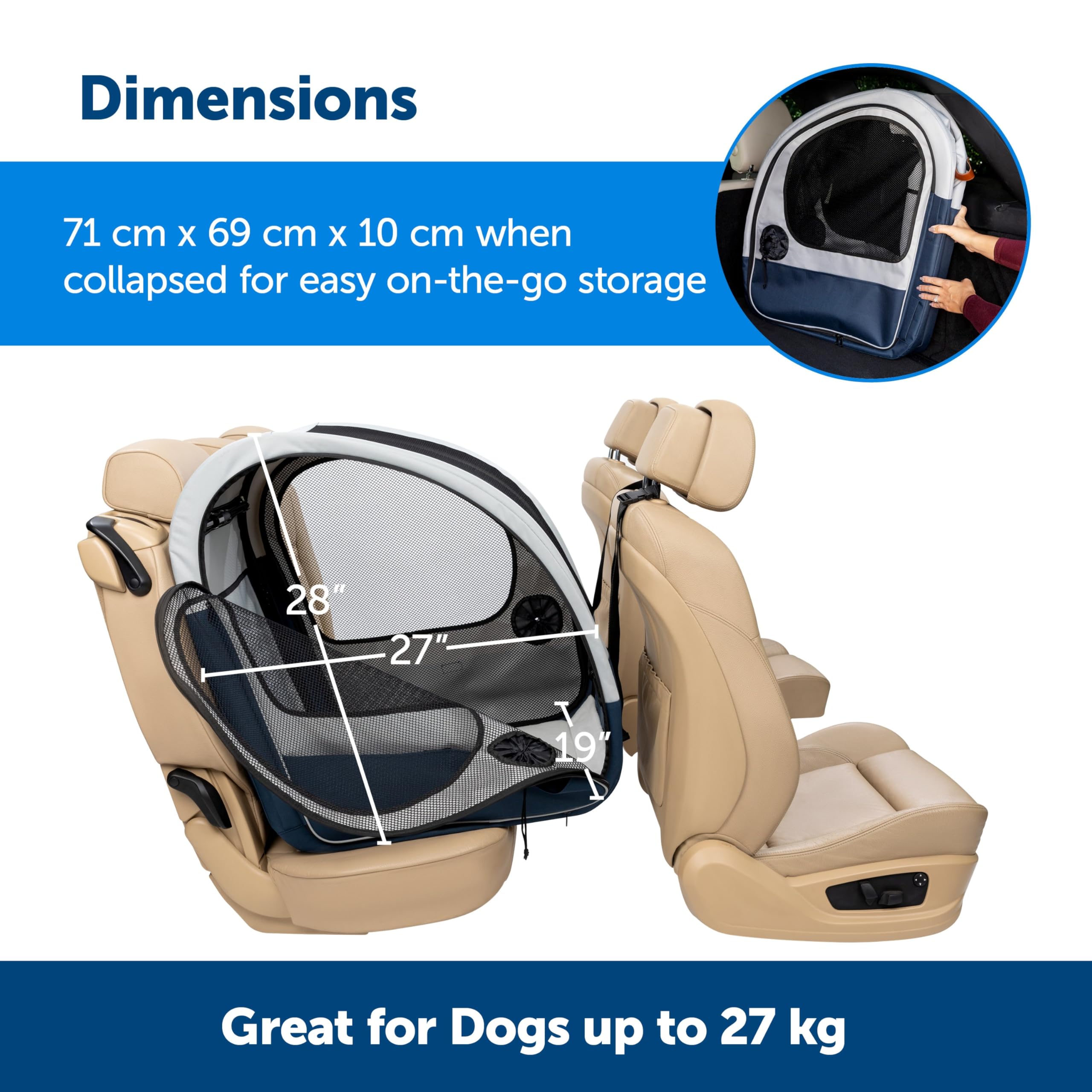 PetSafe Happy Ride Collapsible Travel Box for Dog, Portable, Car, 27.2 kg, Metal Pop-up Frame, Washable, Grey/Blue