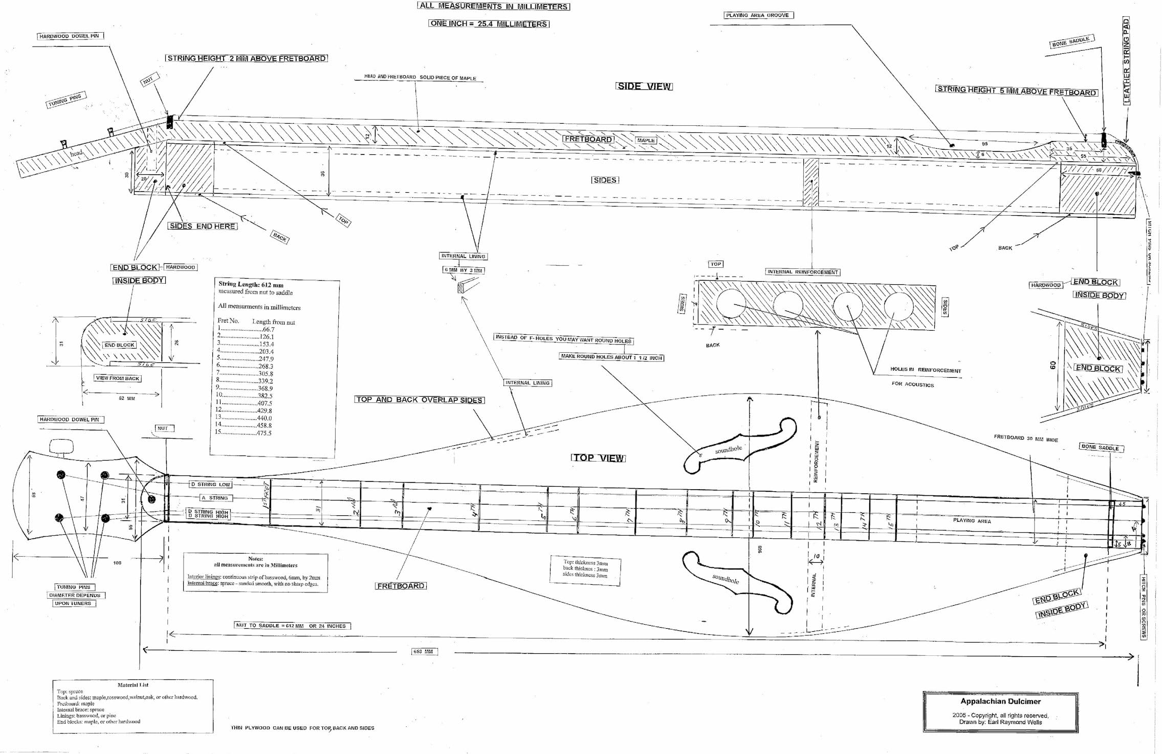 Appalachian Dulcimer (Tear Drop Shaped) Plans (Design) - Full Scale Drawings