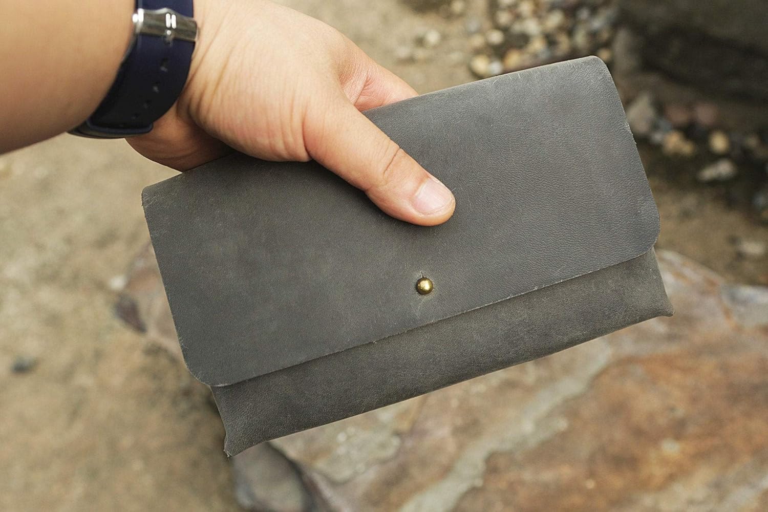 Handmade gray distressed leather macbook charger case bag computer electronic cord organizer MC09PB