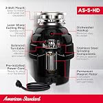 American Standard 10-US-AS-5-HD Élimination des ordures Système de broyage des déchets alimentaires en acier inoxydable anti-jam, poids lourd, 1/2 HP, noir