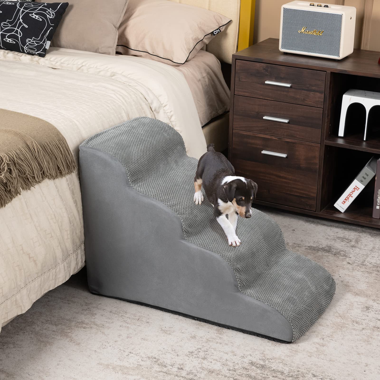 COSTWAY Rampa per Cani con 4 Scalini in Schiuma, Scala per Animali con Copertura Lavabile con Cerniera, Ideale per Animali Piccoli, Anziani e Feriti, 41 x 72 x 51 cm, Portata 30 kg