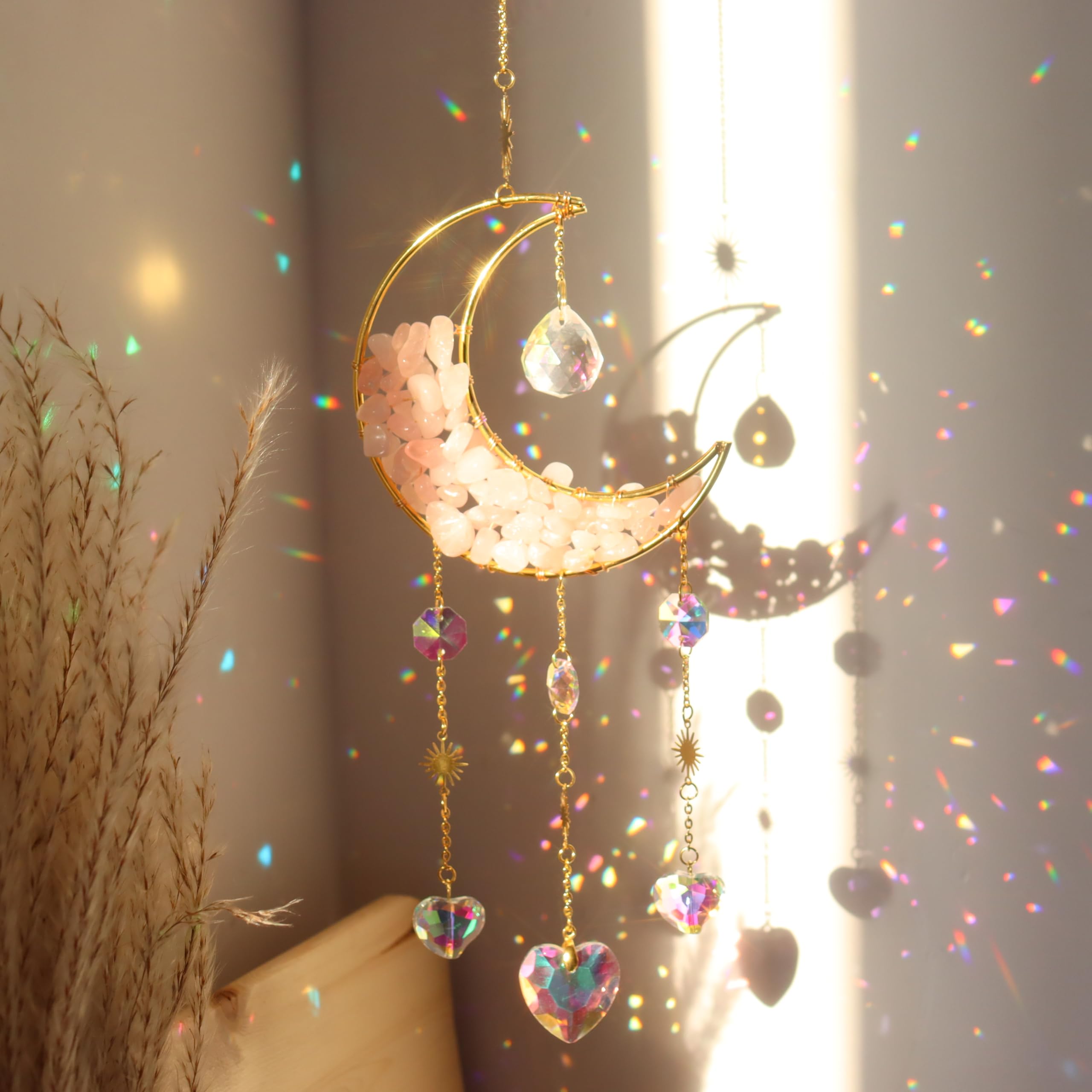 Moon Sun Catcher,Moon Crystal Dream Catcher,Meditation Crystal fit for Window Home Garden Decorations Room Car Garden Party Wedding Decor (Pink)