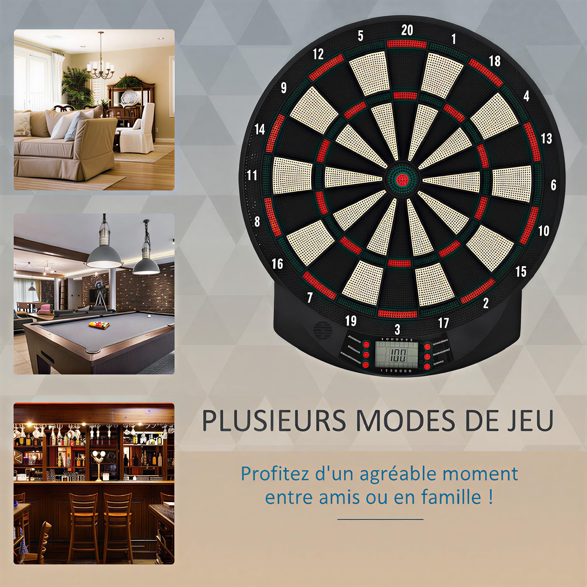 HOMCOM Cible Jeu de fléchettes électronique 27 Jeux et 202 Variations, jusqu'à 8 Joueurs, Affichage LED, Jeu de fléchettes avec 12 fléchettes Pointes Souples et 30 Pointes de Rechange Noir