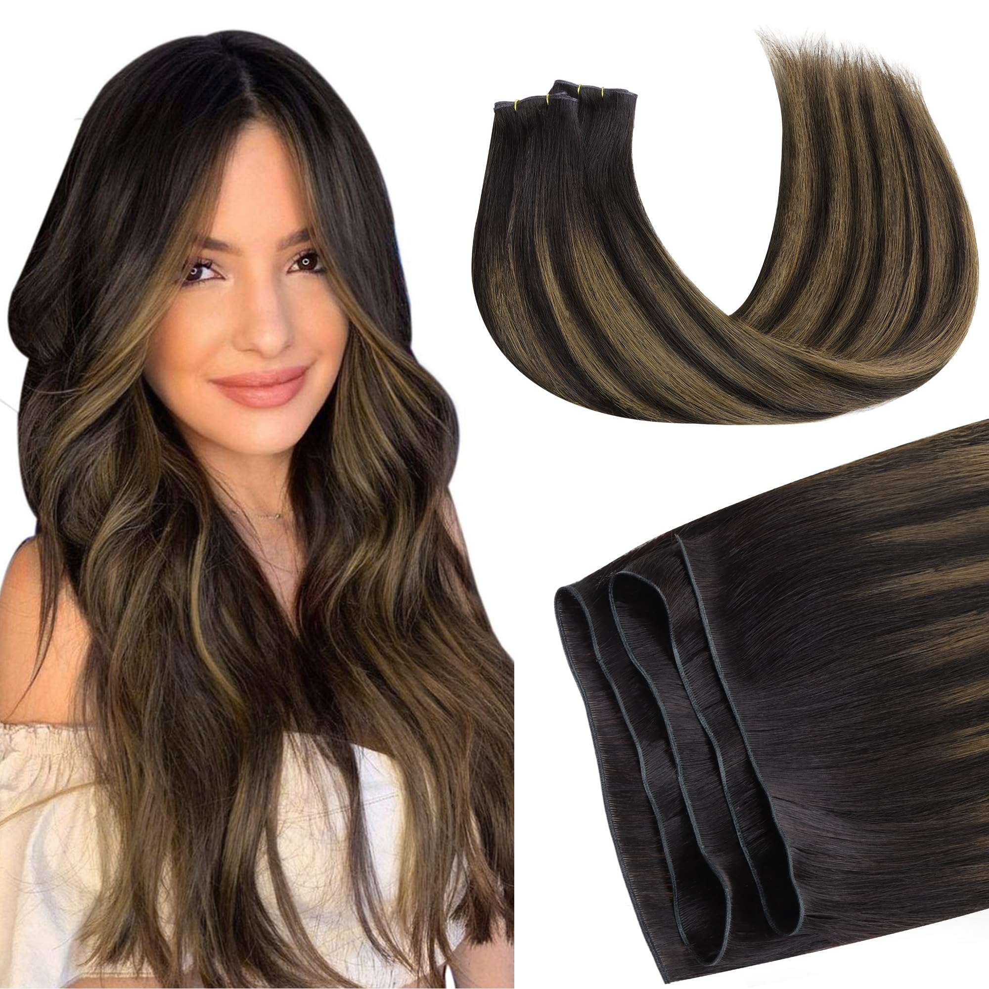 GOO GOO Genius Weft Hair Extensions Human Hair, Sew In Hair Extensions Rooted Remy Weft, 2/6/2 Balayage Dark Brown to Chestnut Brown 18inch 100g, Hand