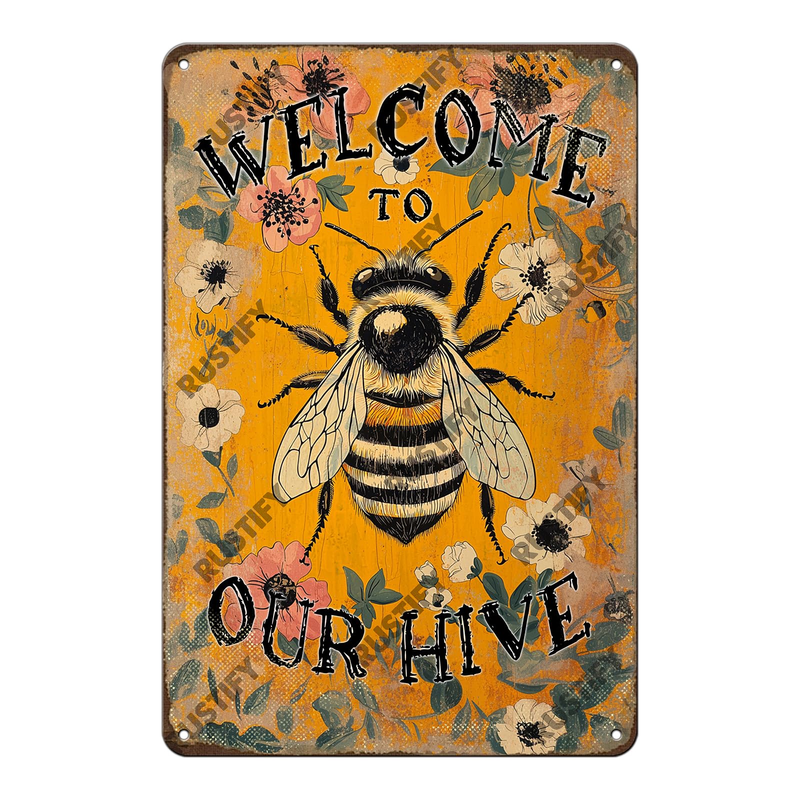 Anceky Welcome To Our Hive Bee Tin Sign Retro Metal Sign Wall Decor for Backyard Outdoor Home Bar Kitchen 12×16 Inch