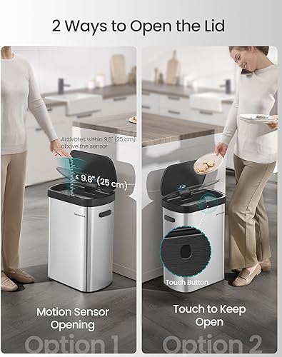 Miniatura 3 de SONGMICS Bote de basura automático con sensor de movimiento, 13 galones (50 L) con tapa de cierre suave, acero inoxidable, onda o táctil para abrir,