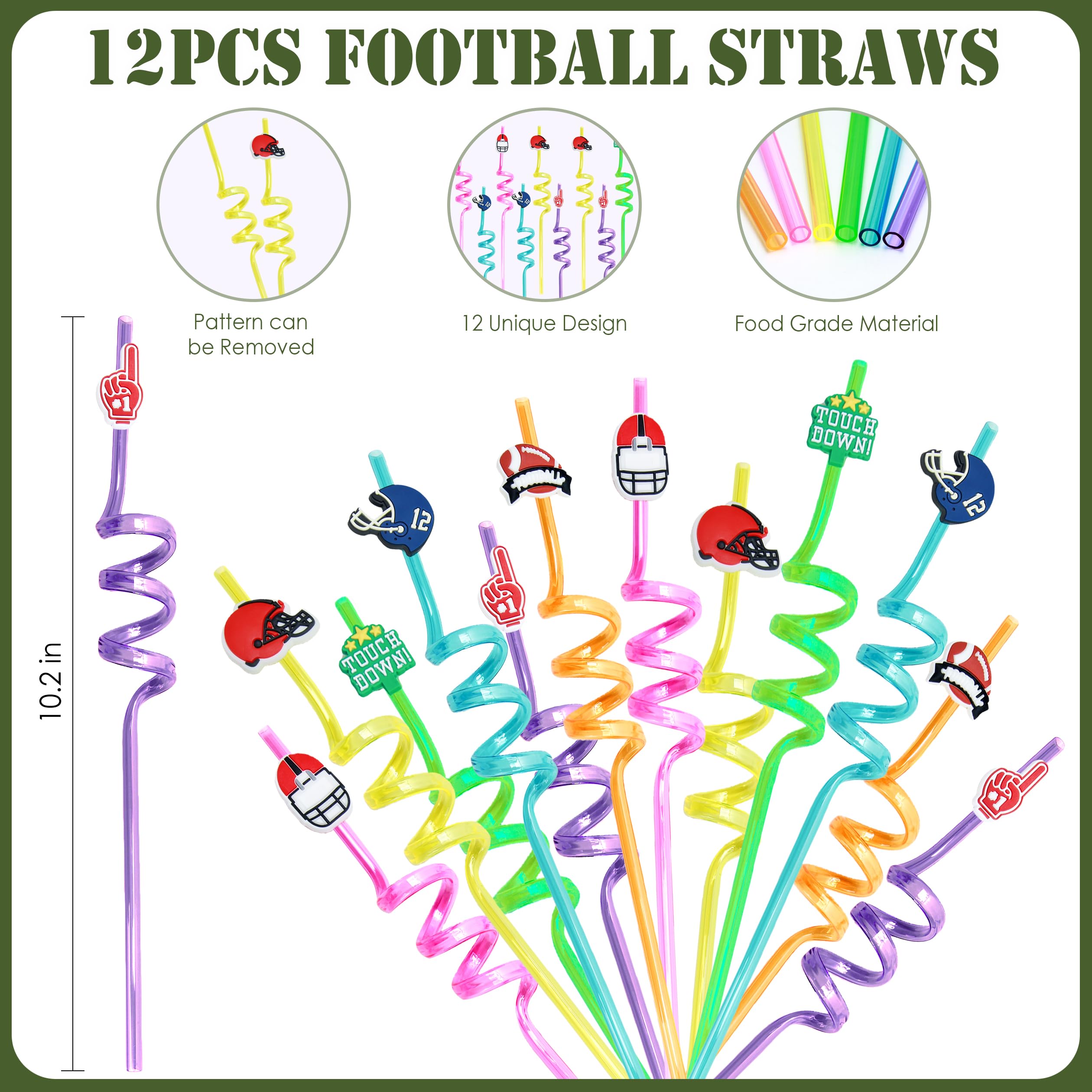 J6&H6 110 Pcs Football Party Favors Football Goodie Bags Including 12 Football Drawstring Bags Stress-relieving Football Straws Keychains silicone Wristband and stickers for FootballParty Gift.