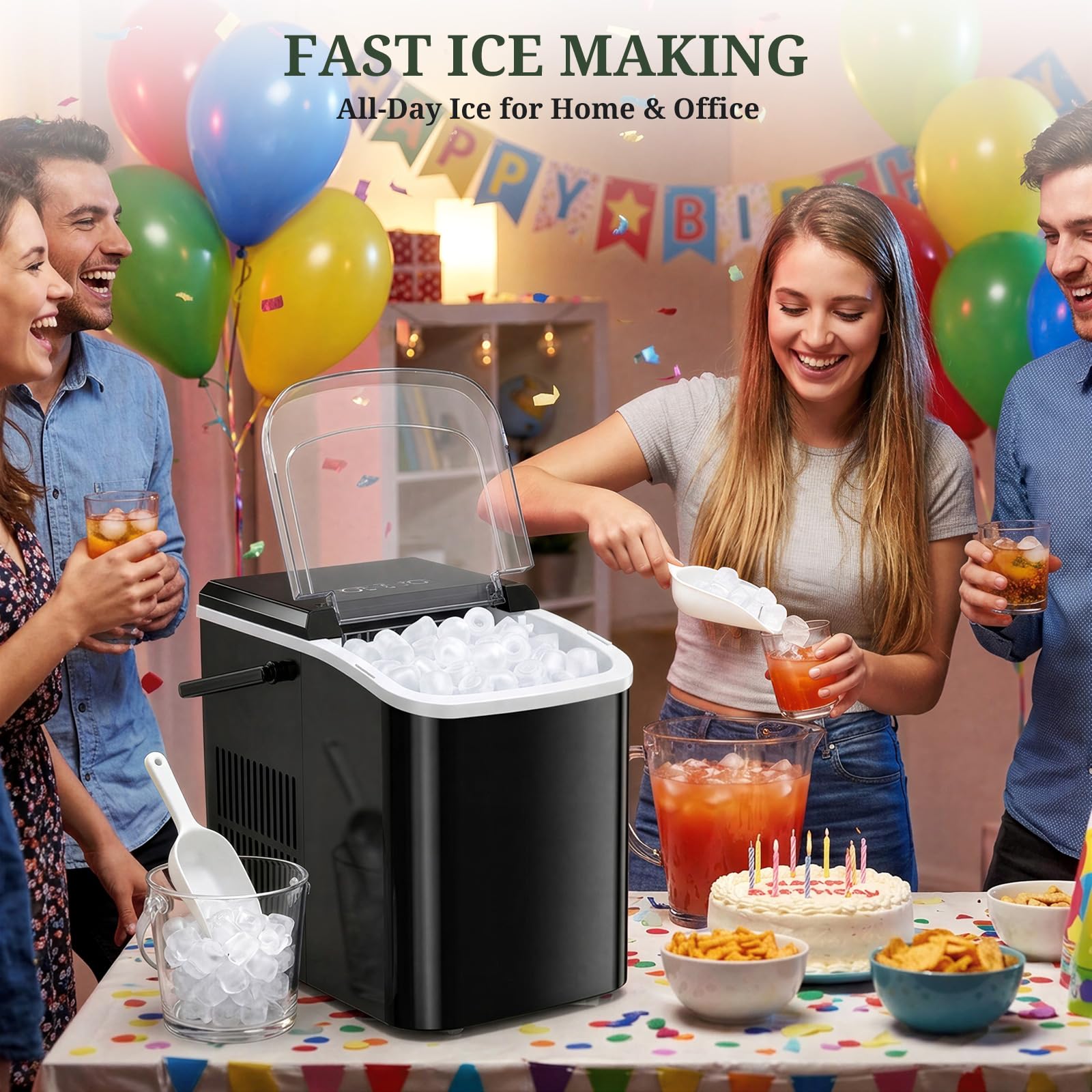 Ice Maker, Portable Ice Makers Countertop with Handle, Basket & Scoop, 26Lbs/24Hrs, 9 Bullet Ice Cubes in 6 Mins, 2 Ice Sizes, Self-Cleaning, Quiet Compact Ice Machine for Home Kitchen Party, Black - 3