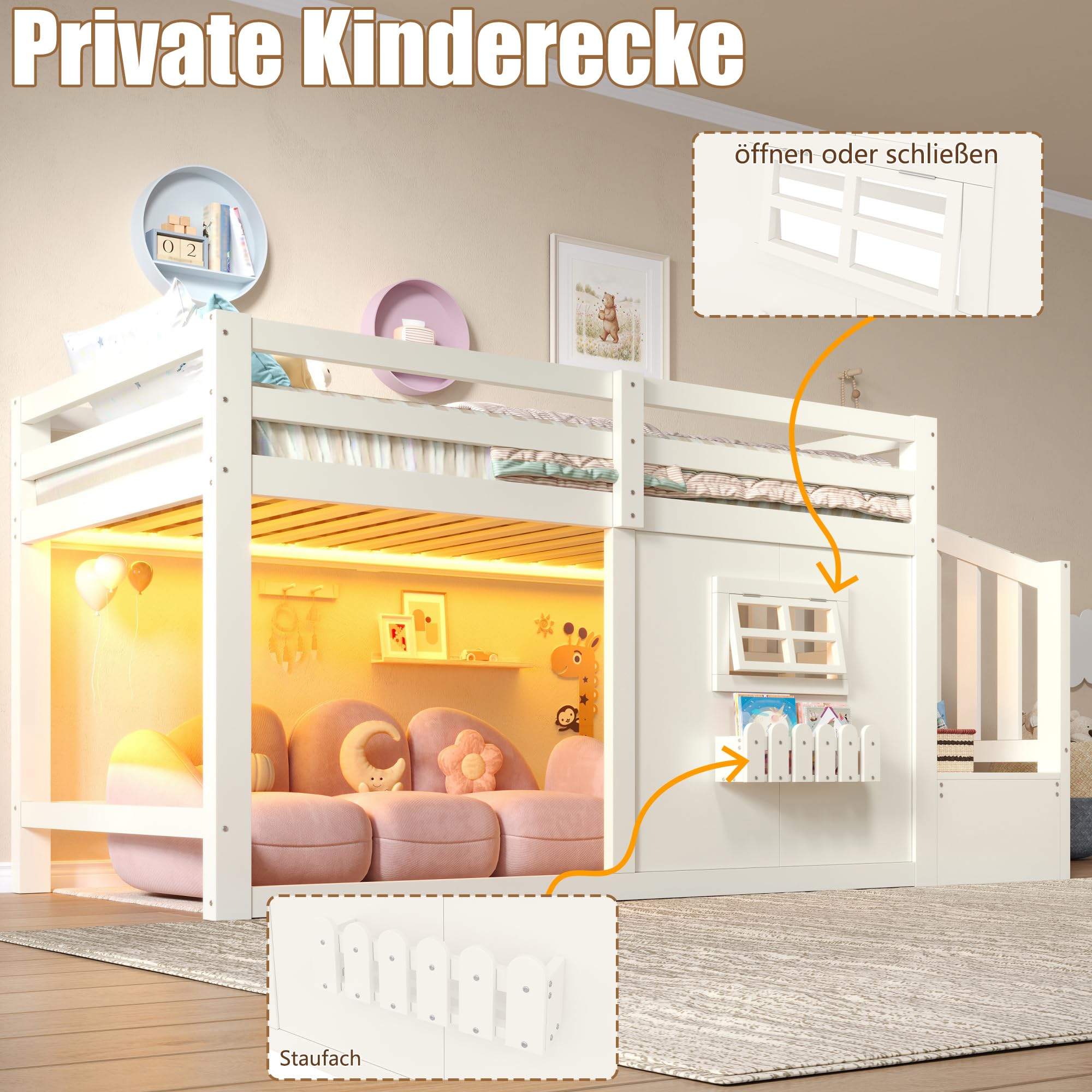 Cama alta 90 x 200 cm, madera de pino, ventana, escalera de almacenamiento, barra de luz LED, sin colchón