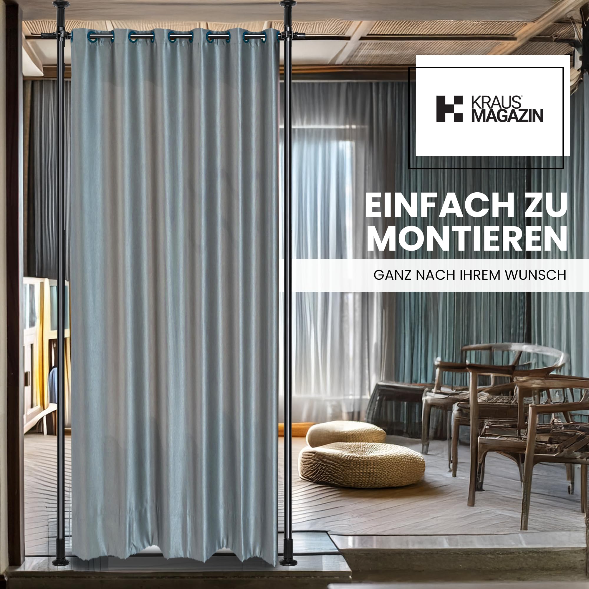 Raumteiler Paraventgestell Gardinenstange | Sehr Stabil & Flexibel Verstellbar | Paravent ohne Vorhang, Sichtschutz B 180 cm x H 300 cm, Schwarz