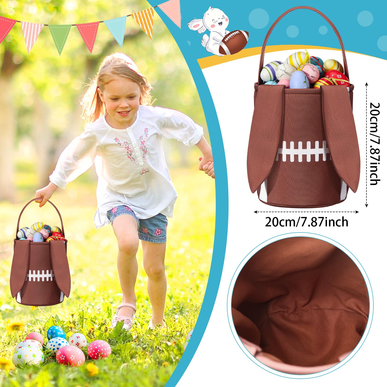 Kacctyen Easter Rugby Bunny Basket Easter Sports Baskets with Rabbit Ears Tote Easter Snack Bags for Easter Egg Hunt Game