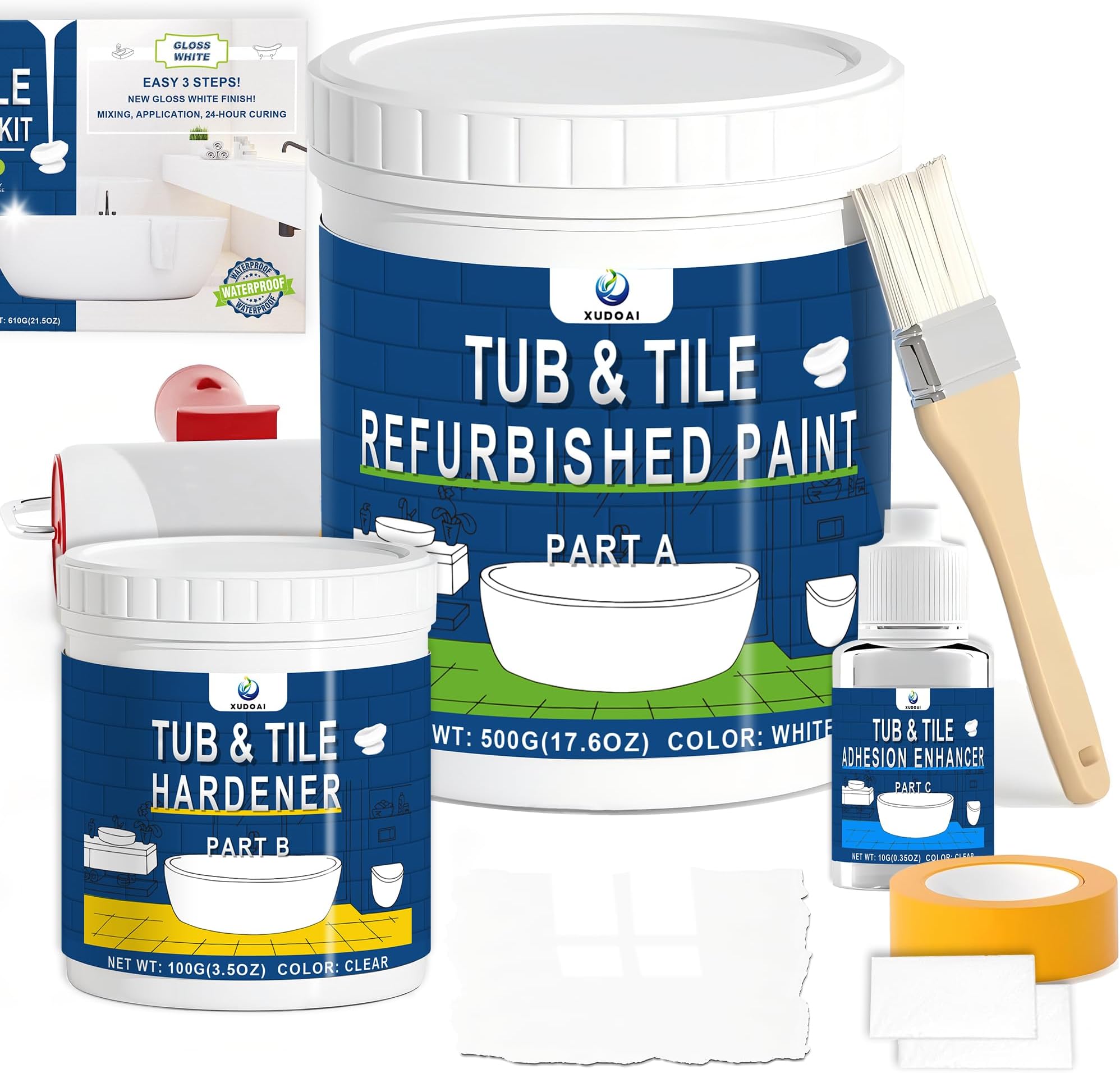 XUDOAI Bathtub Refinishing Kit Gloss White 21.5oz Tub Paint Reglazing, Tub and Tile Refinishing Kit with Tools, Paint for Bathroom/Kitchen/Shower/Porcelain/Sink/Ceramic