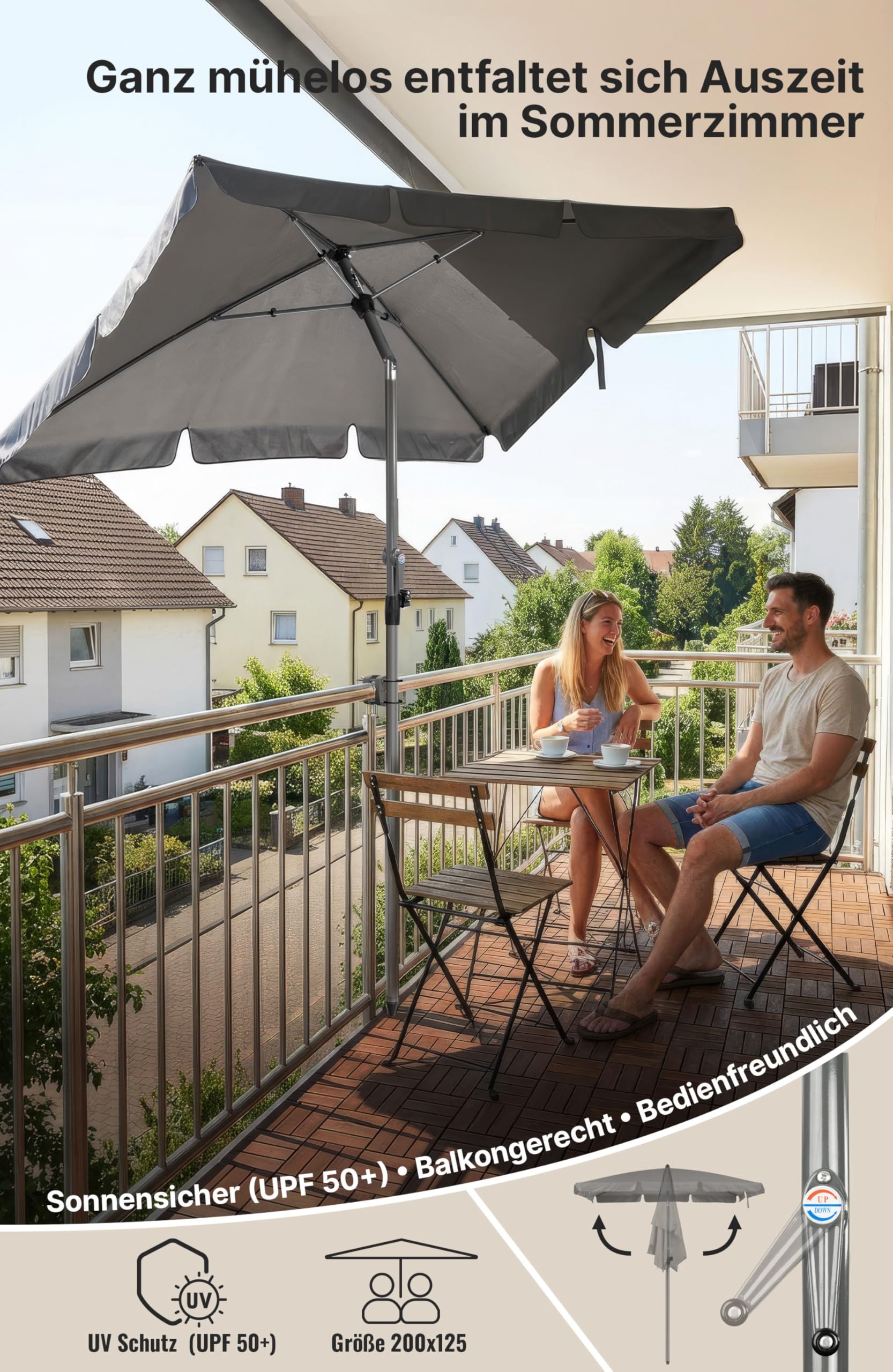 4smile Sonnenschirm Balkon mit Kurbel, Sonnenschirm rechteckig 200x125 cm, Sonnenschutz Balkon mit UPF 50+, Balkonschirm mit Schutzhülle, knickbar und höhenverstellbar, Anthrazit