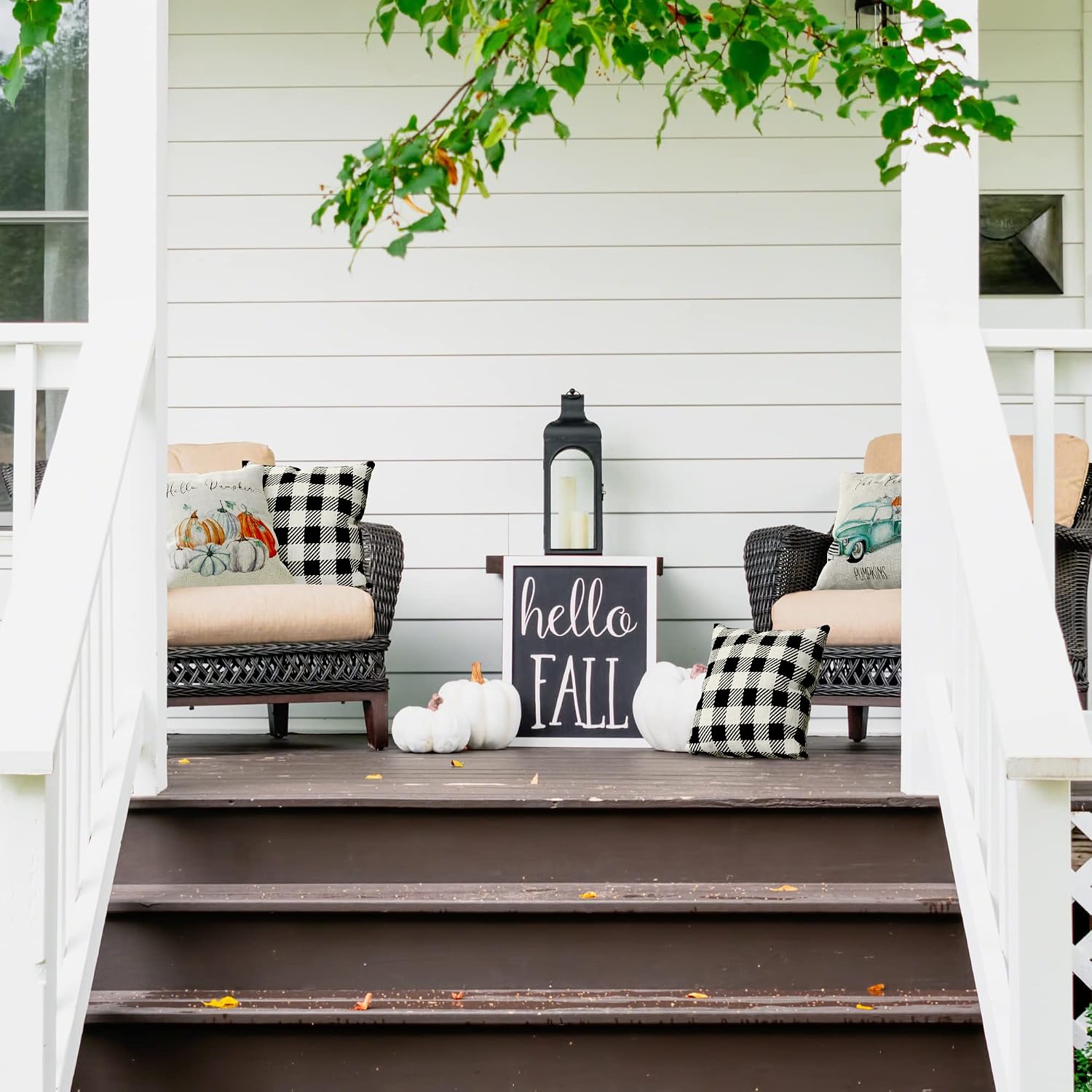 Farmhouse Fall Pillow Covers 18" x 18" - Four Modern Buffalo Plaid Farmhouse Design Throw Pillow Covers - These Pumpkin Decor Accents are The Perfect Addition to Your Indoor/Outdoor Home Decoration