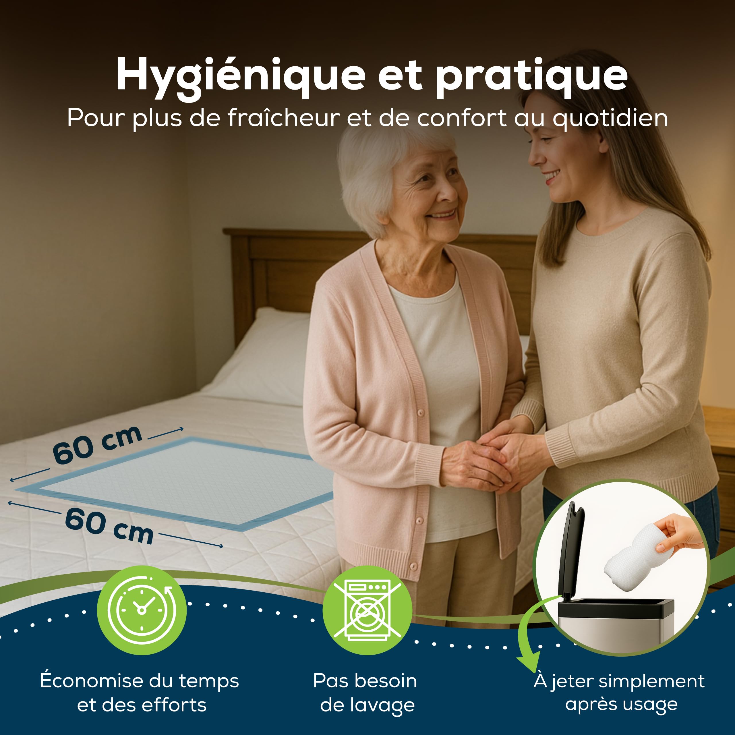 Sensalou Alèses Jetables 60x60 cm – 50 Pièces – Alèses Imperméables et Absorbantes pour Bébé, Incontinence, Seniors, Animaux, Lit, Soins à Domicile, Protection Hygiénique, Tapis de Change