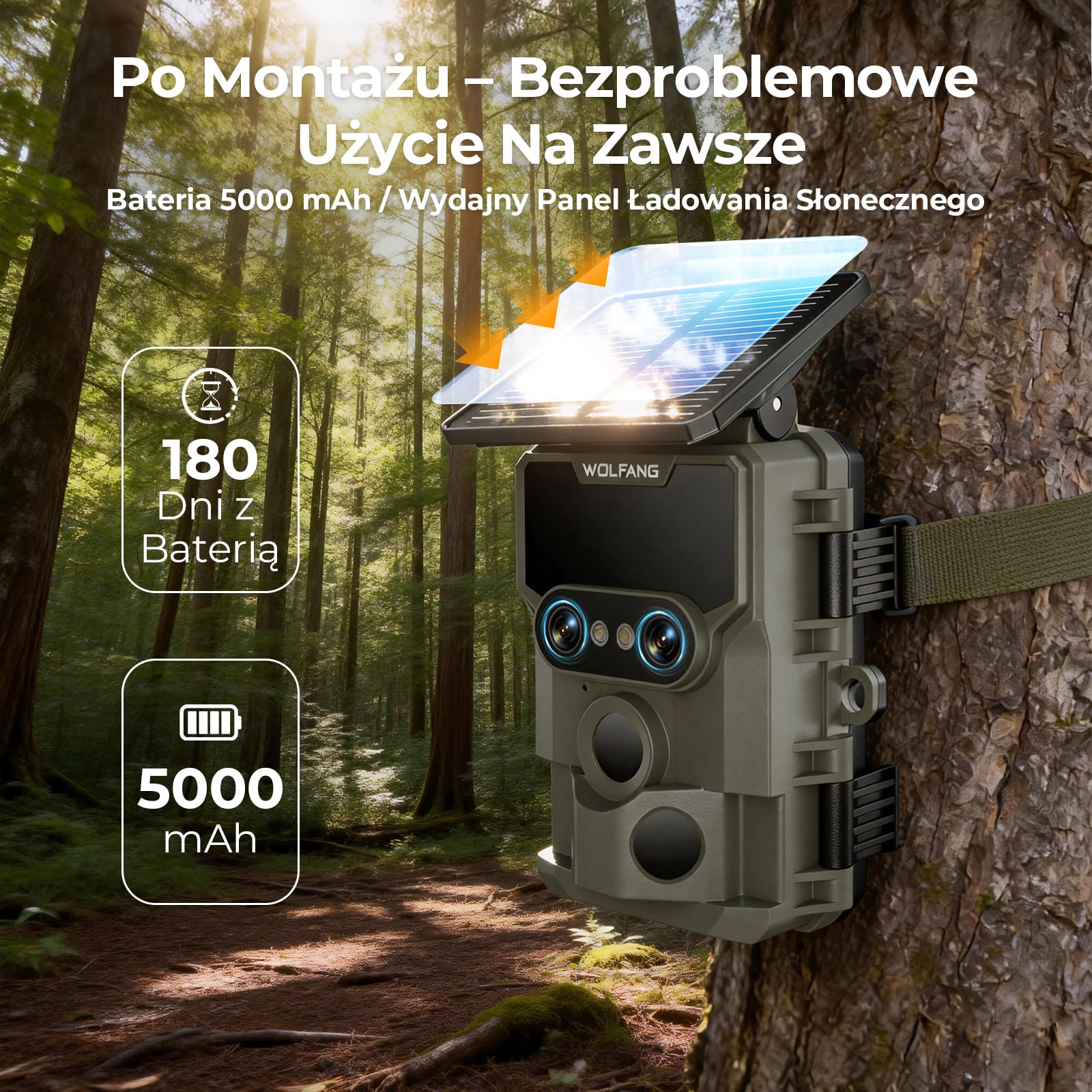 WOLFANG Kamera myśliwska Wildlife Camera, 64MP 4K z podwójnym obiektywem, zasilana energią słoneczną, z funkcją noktowizji Starlight 120°, aktywowana ruchem, IP66, wodoodporna, wyzwalana 0,1 s