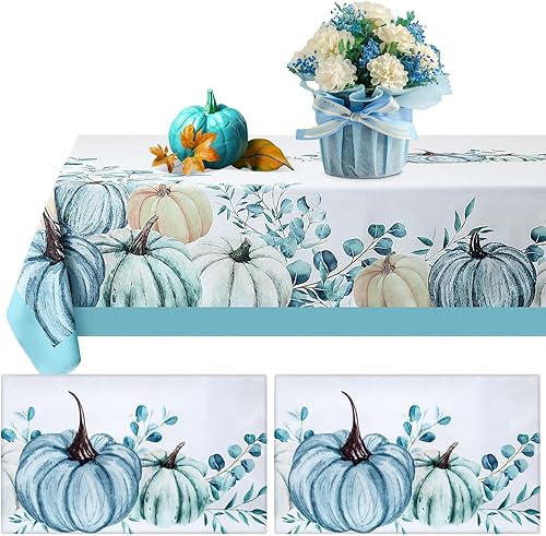 Newwiee 2 manteles de otoño de Acción de Gracias de 60 x 84 pulgadas, rectangular, tela de Acción de Gracias, cosecha, calabaza, eucalipto, cubierta