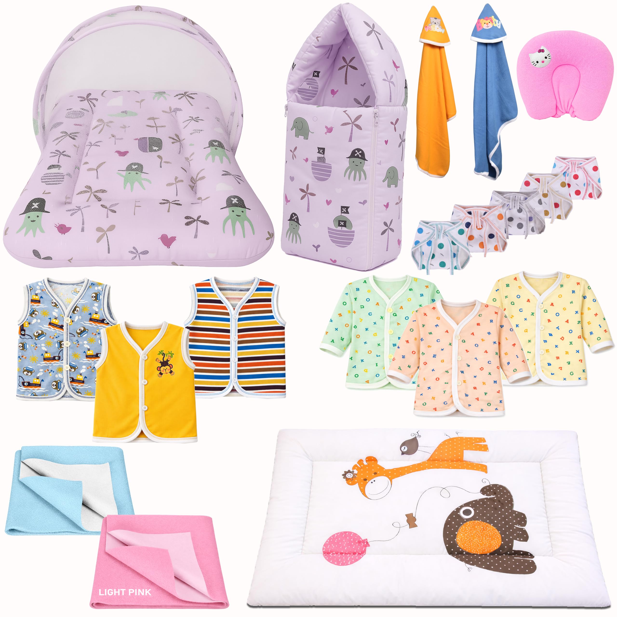 Kwitchy Newborn Baby Essentials Kit 19 Items Combo | New Born Baby Products All Set 0–6 Months | Cotton Newborn Clothes, Bedding & Baby Bed Combo (Purple)-picture-27