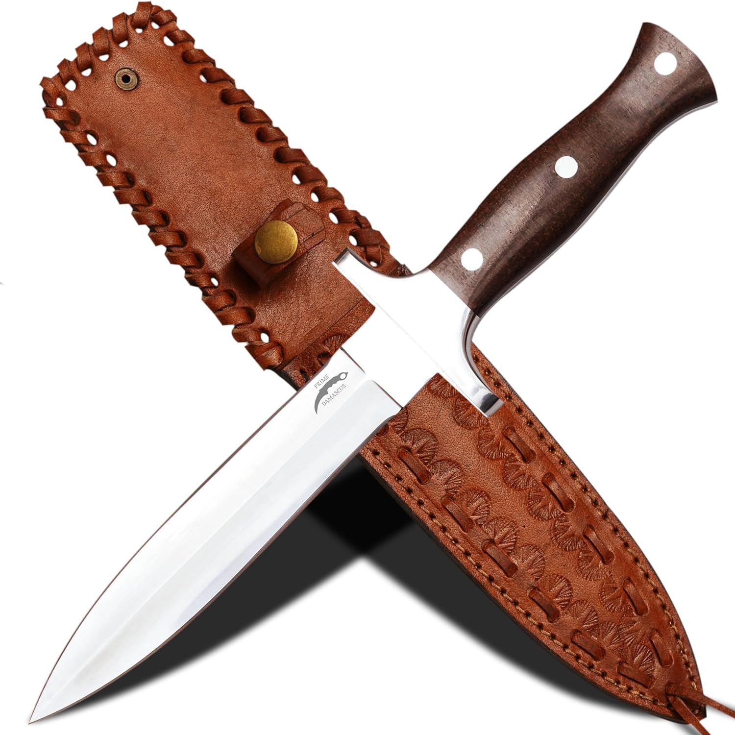prime damascus Full Tang Dagger Knife with Leather Sheath