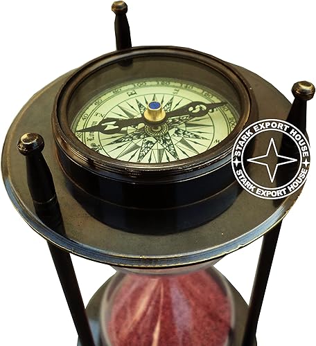 Miniatura 3 de Reloj de cristal de arena antigua de latón con temporizador de arena de 7 pulgadas con 2 brújulas laterales, ideal para regalo