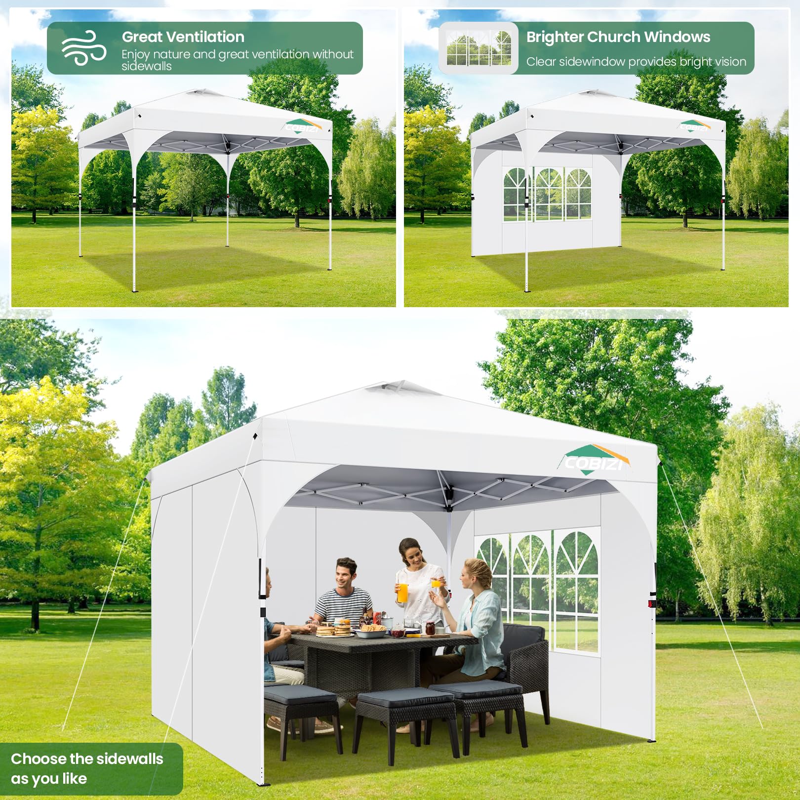 COBIZI Pavillon 3x3 Wasserdicht Stabil Winterfest Faltpavillon Gartenpavillon Partyzelt Pop Up Pavillon Klappbar UV Schutz 50+ Höhenverstellbar mit Entlüftung & 3 Stoffstücken&4 Sandsäcke，Weiß
