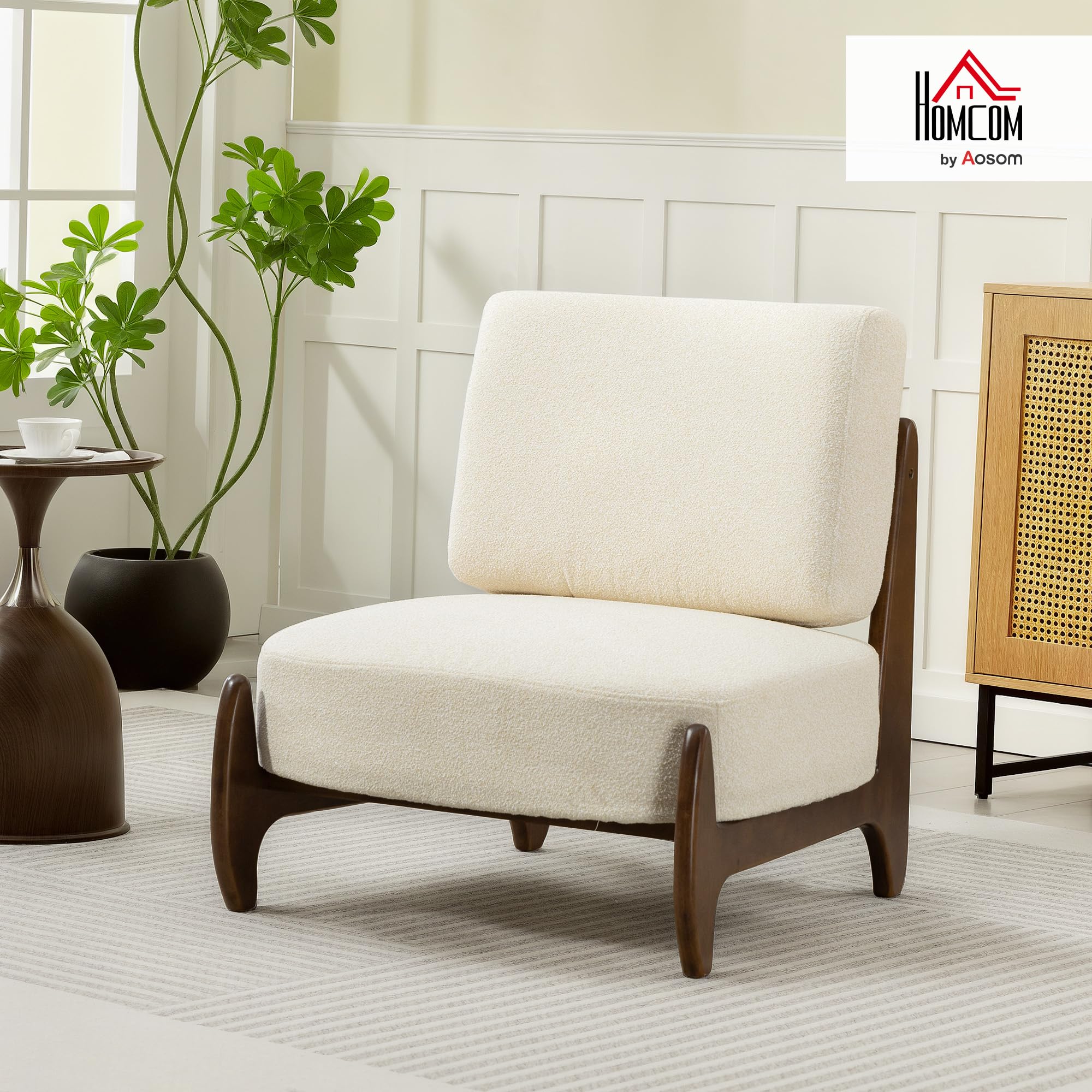 HOMCOM Fauteuil Salon en Chenille, Fauteuil Chambre Confortable Moderne avec Coussin épais, Assise rembourrée et Pieds en Bois d'hévéa, Chaise de Salon, Coins Lecture, Bureau à Domicile, crème