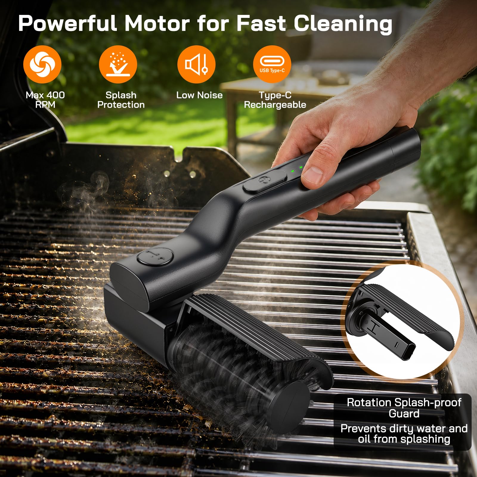2026 Cepillo Eléctrico para Barbacoa 2600mAh 3 velocidades IPX7 | 2 Cabezales, 180° Ajustable, lavavajillas, para Parrilla, Plancha & Carbón, Cepillo Electrico Limpieza Hogar, USB-C