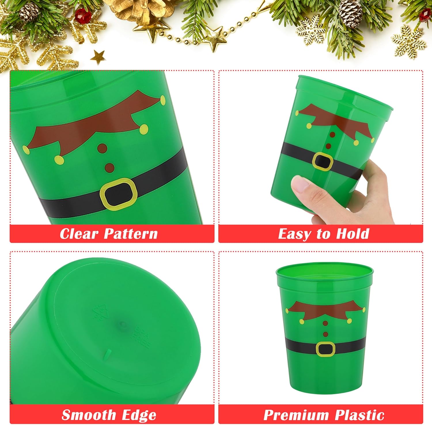 Kochorie 60 Pieces Christmas Plastic Party Cups 16 Ounces Christmas Plastic Tumblers Disposable Holiday Stadium Cups Santa's Belt Plastic Tumblers Assorted Styles for Christmas Party Supplies - Image 3