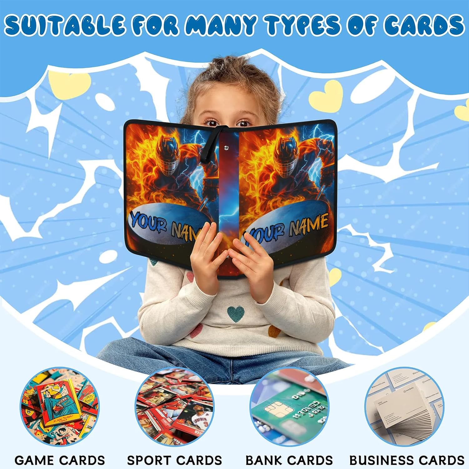 Custom-Card-Binder 9 Pocket Trading Card Binder 4 Pocket Card Collection Bunder, Collector Album Card Folder Personalized Gift for Kids, Boys, Girls, Christmas (Fire Lightning Ice Hockey)