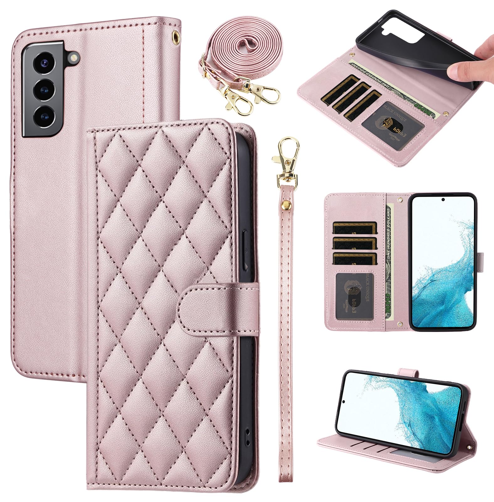 Furiet Wallet Case for Samsung Galaxy S21 Plus S21+ 5G with Wrist Strap, Shoulder Strap, Multiple Card Slots Folio Purse, Luxury PU Leather Stand