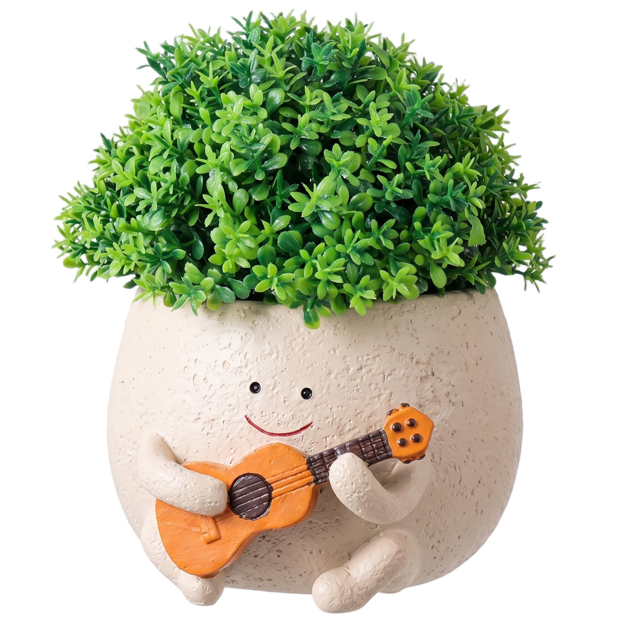 Bemonew Cute Plant Pots, Resin Cute Face Planter With Guitar, Funny Plant Pots With Drainage Holes For Desks, Windowsills, Garden Patios Indoor Outdoor Decor, White