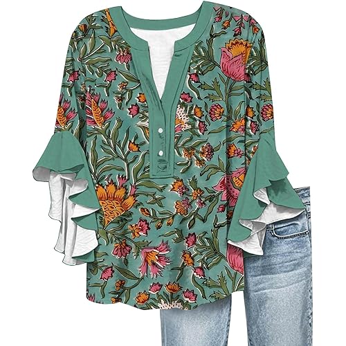 Womens Summer Tops Henley V Neck Casual Loose Fit Dressy 3/4 Length Sleeve Floral Shirts Flowy Ruffle Sleeve Blouses
