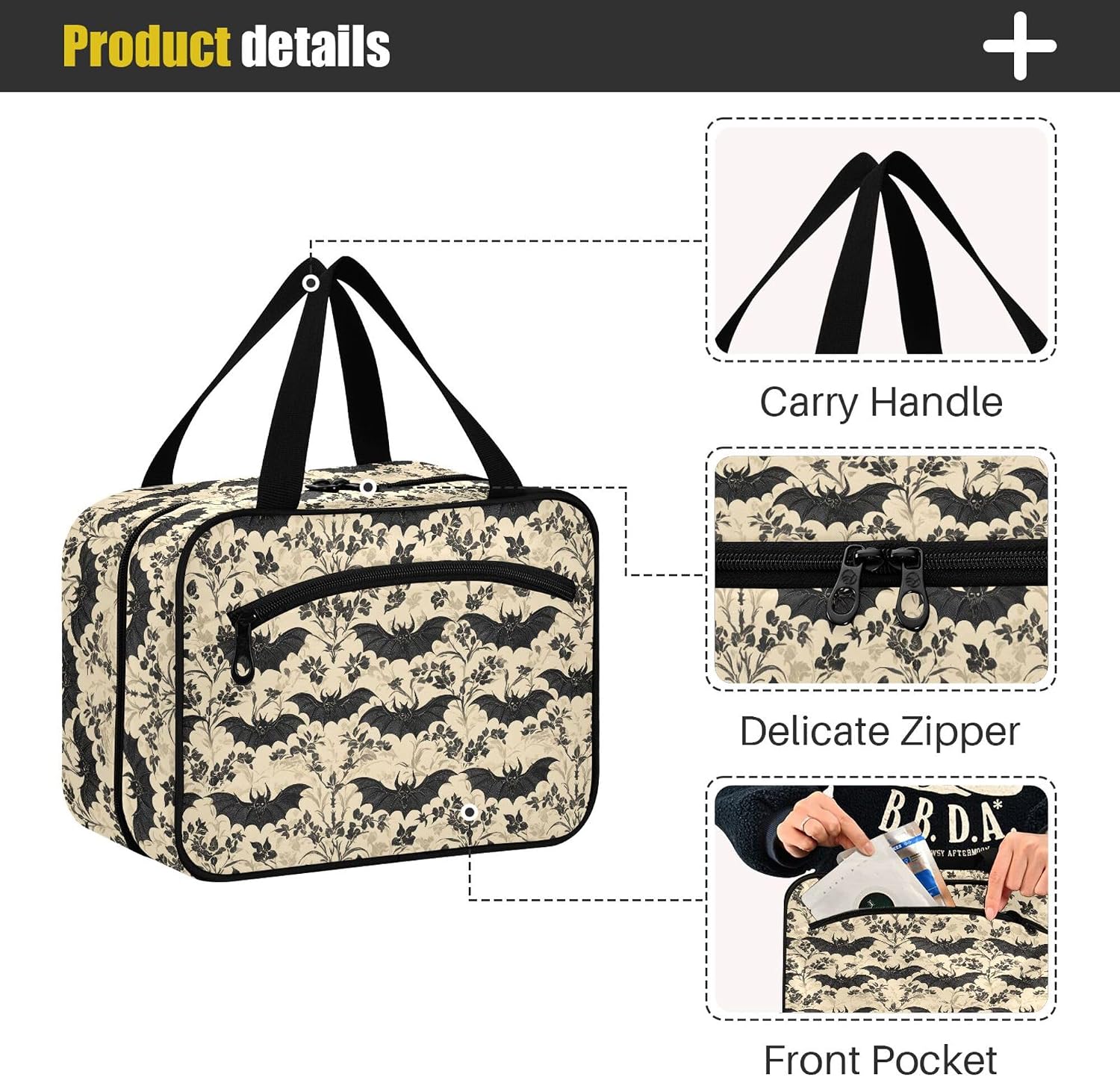 MNSRUU Hanging Toiletry Bags for Women Travel, Bats and Flowers Vintage Toiletry Organizer Portable Travel Clear Wash Makeup Cosmetic Bag