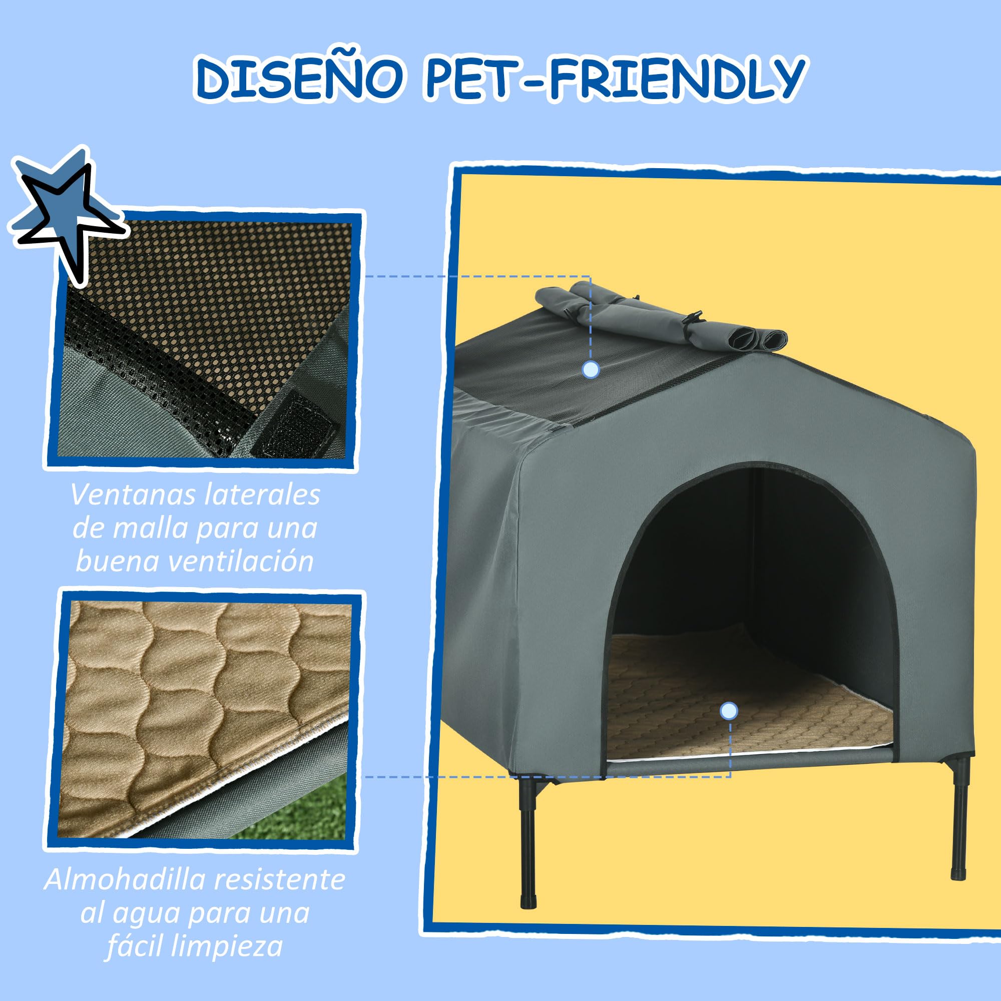 PawHut Caseta para Perros 130x85x95 cm Cama para Perros con Cojín Ventanas de Malla Enrollable y Cubierta Exterior para Perros Grandes Gris