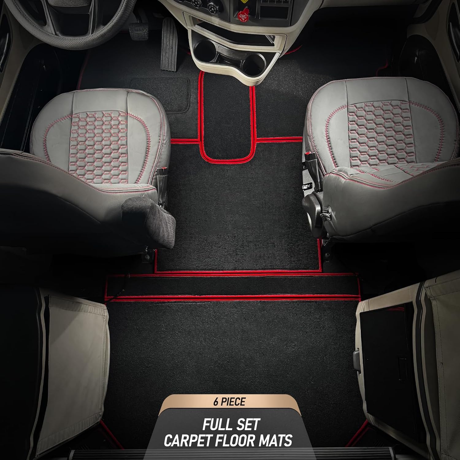 Floor Mat Set Compatible with Peterbilt 579 – Black Carpet with Red Stitching – Custom Fit, Durable, Easy to Clean – Complete Cab Protection (Black/Red)